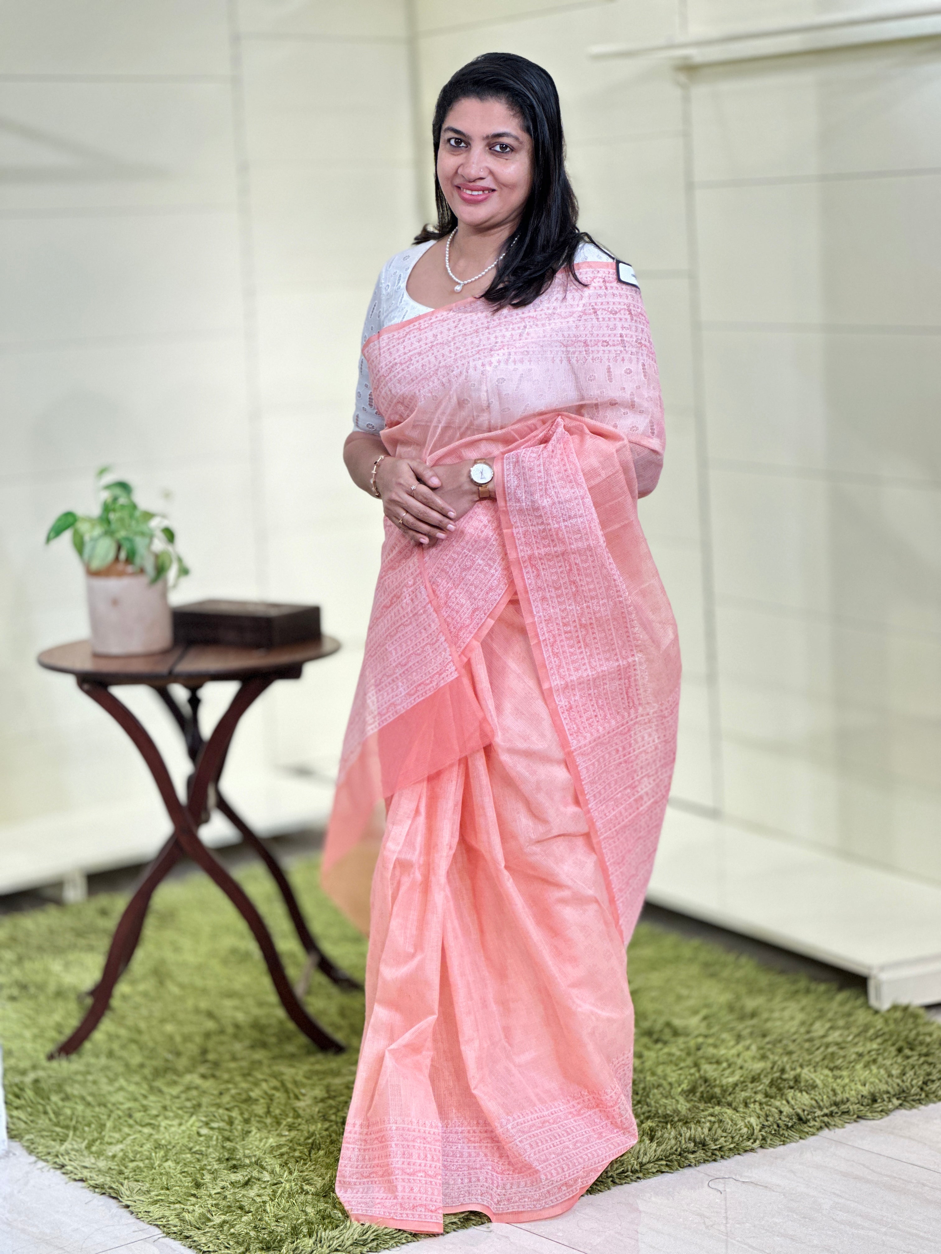Hand Block Printed Muga Check Organza Saree | JSC123