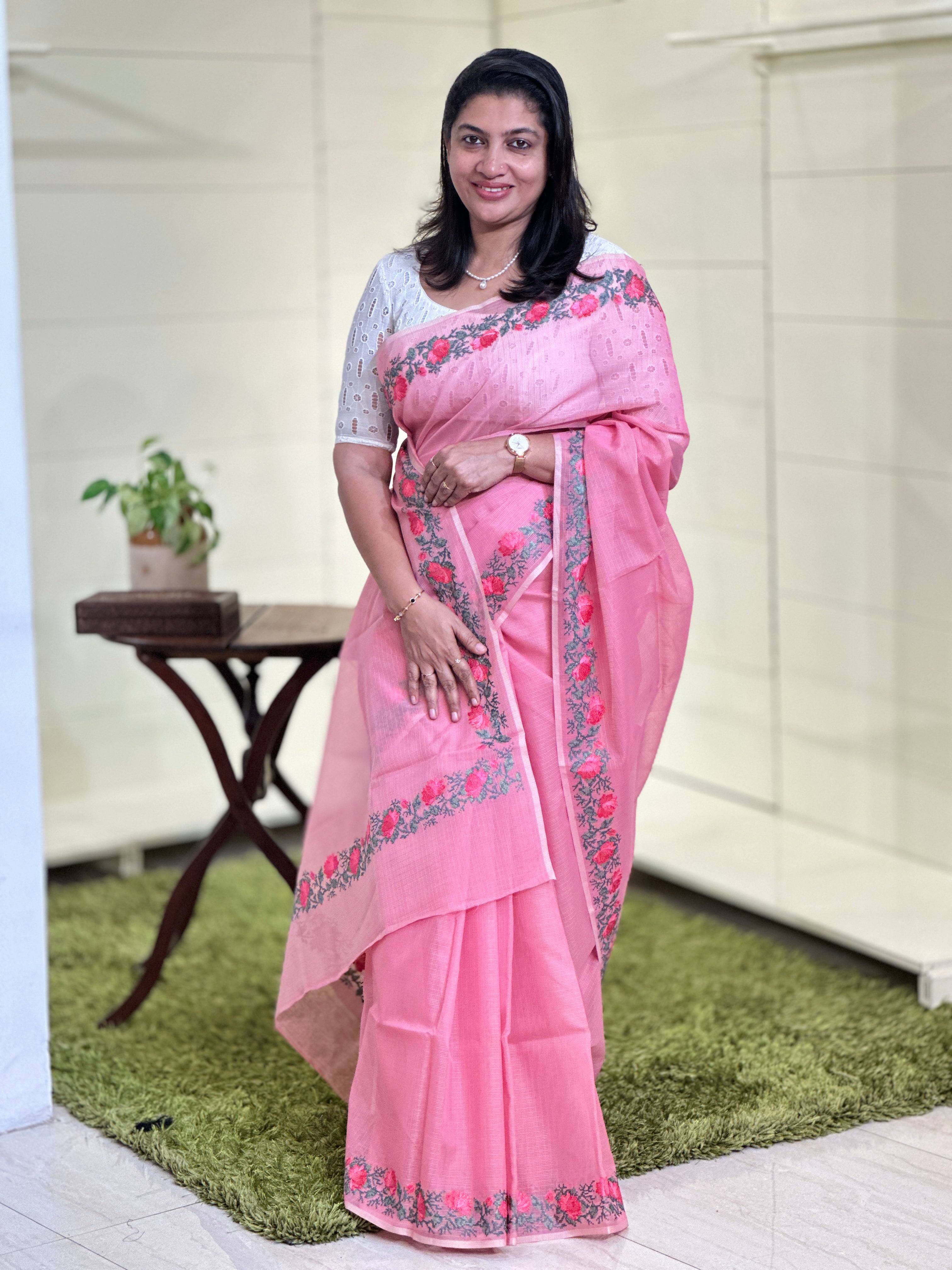 Floral Cross Stitch Embroidered Muga Check Organza Saree | JSC225