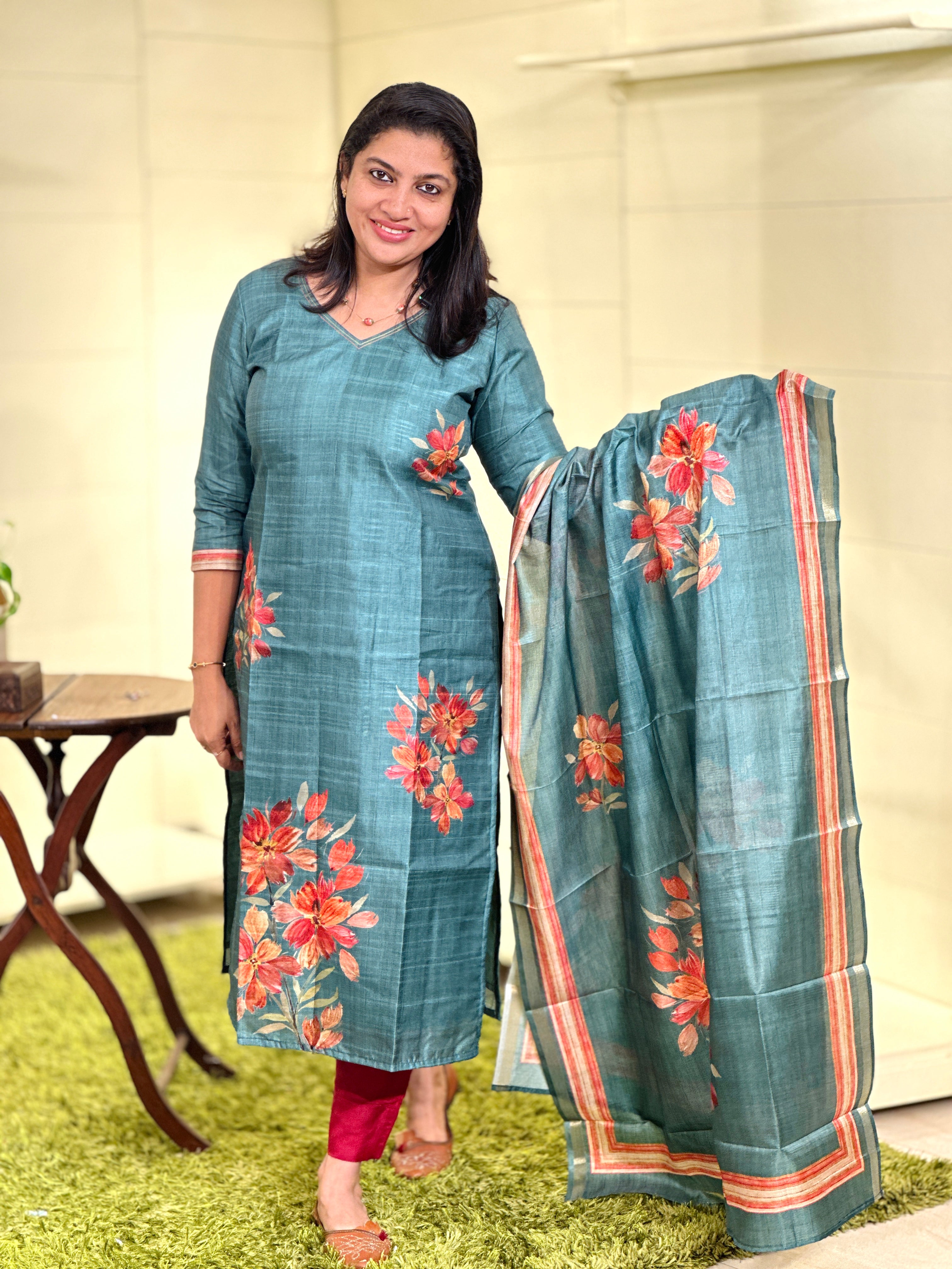 Floral Digital Printed Unstitched Semi Tussar Salwar Set (Without Bottom) | SSN438