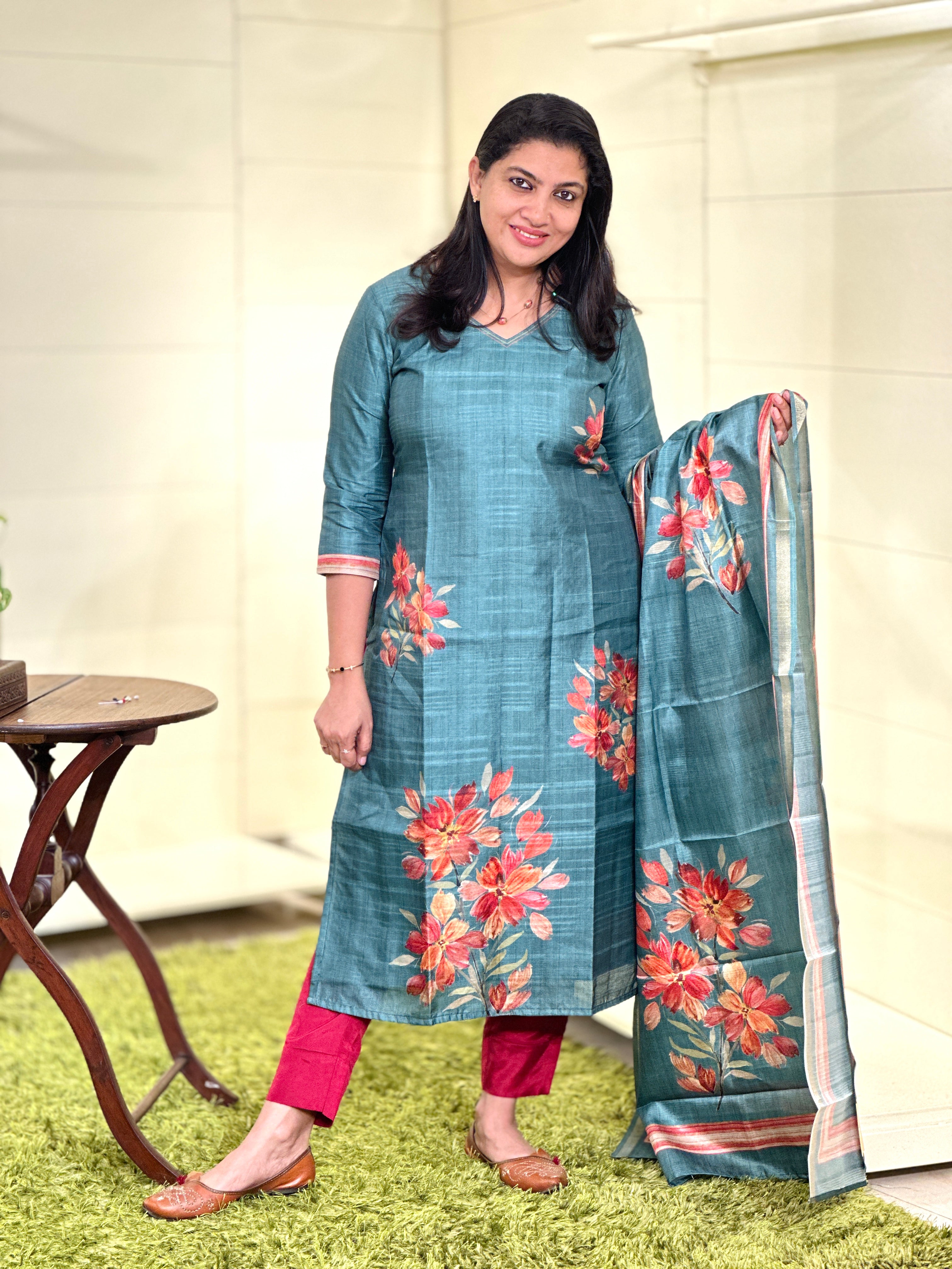Floral Digital Printed Unstitched Semi Tussar Salwar Set (Without Bottom) | SSN438