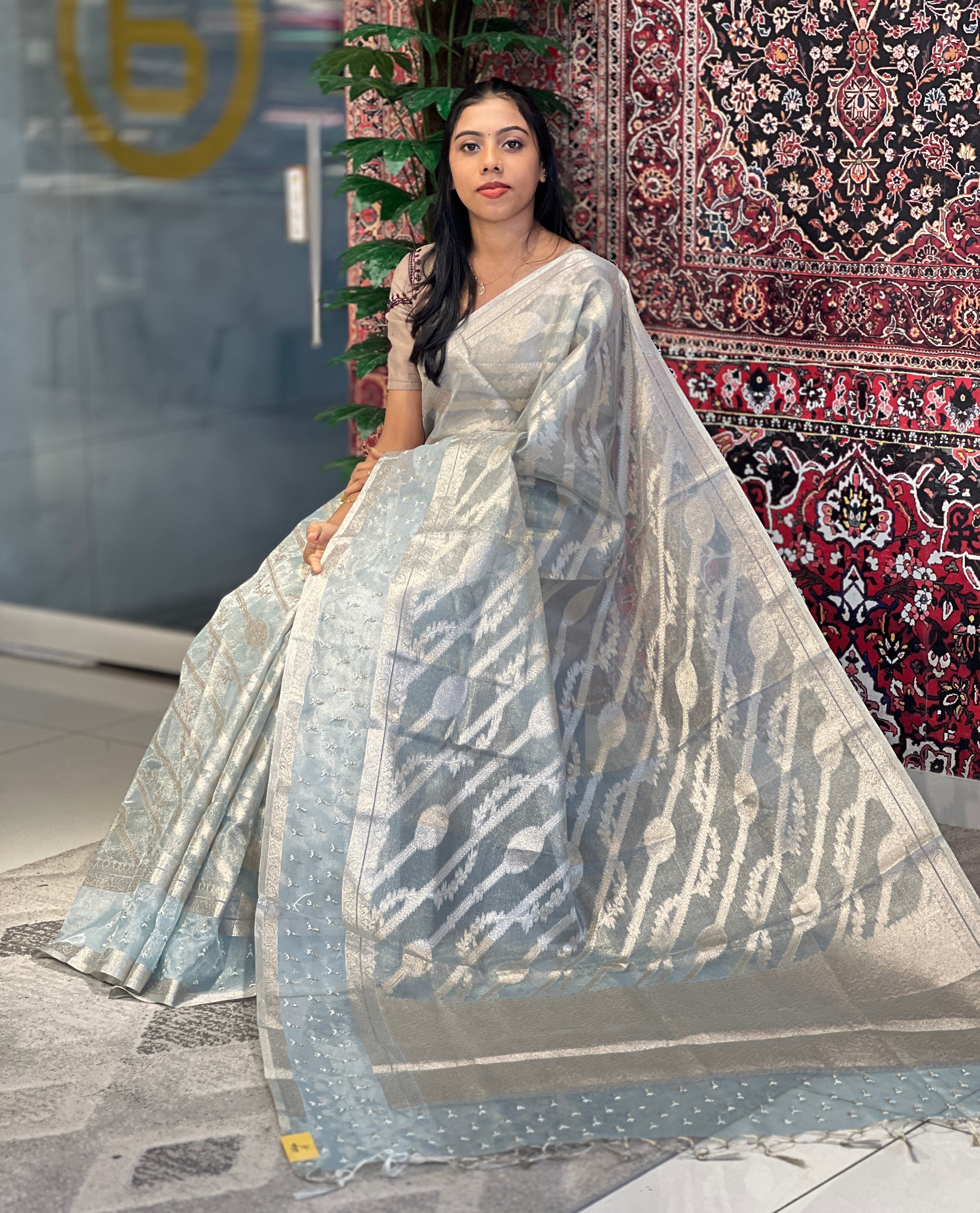 Zari Weaving With Beads & Stone Detailed Tissue Organza Saree | SHC204