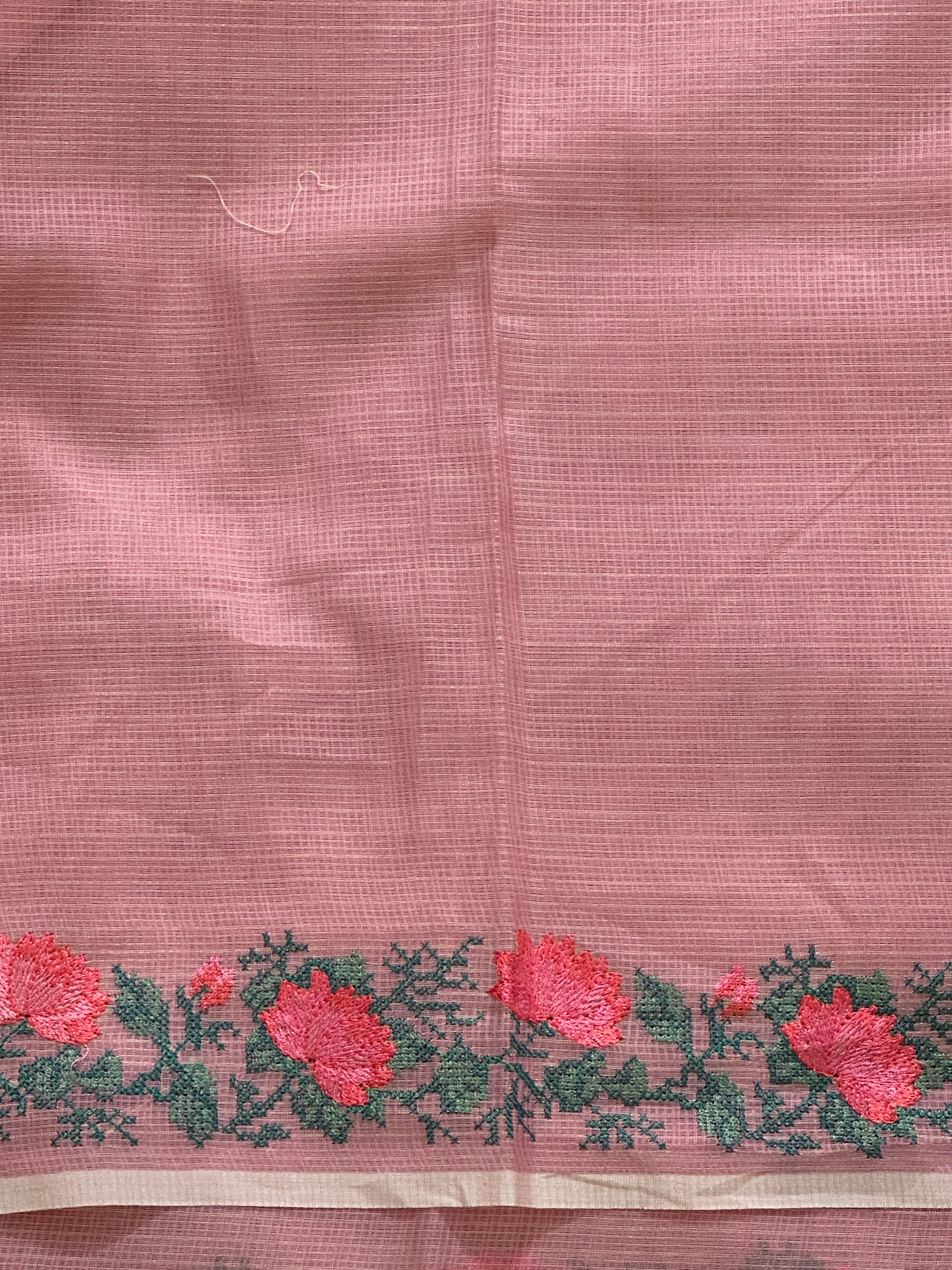 Floral Cross Stitch Embroidered Muga Check Organza Saree | JSC225