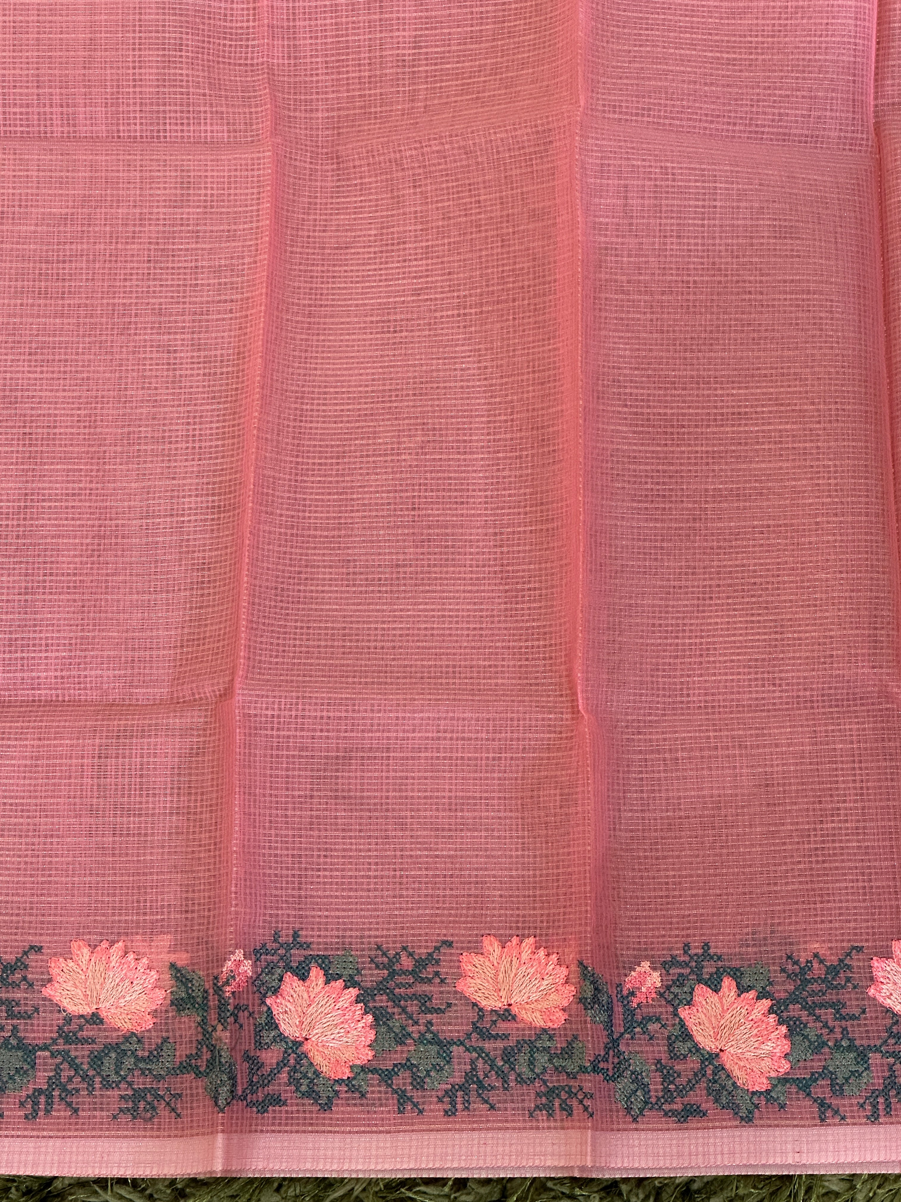 Floral Cross Stitch Embroidered Muga Check Organza Saree | JSC174