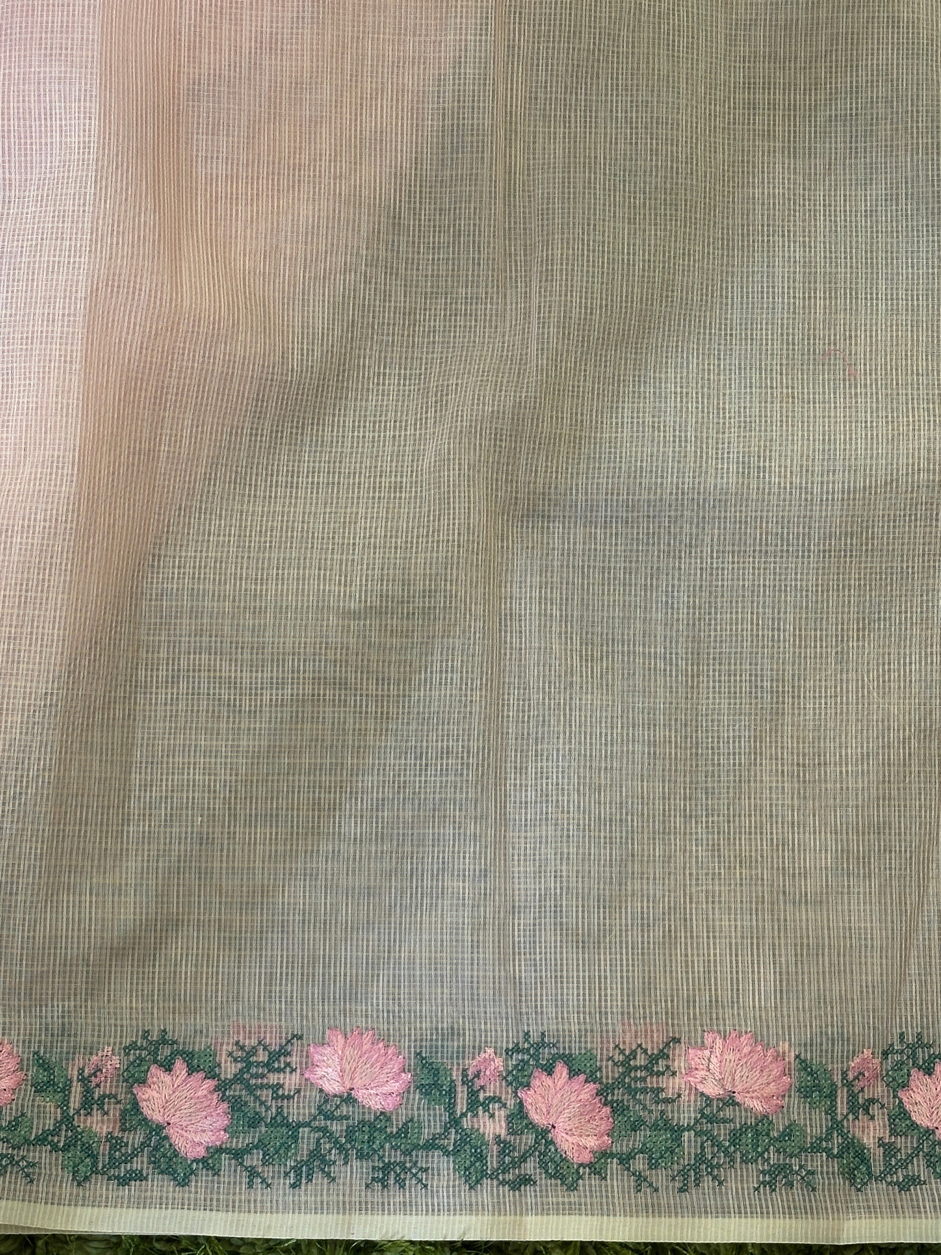 Floral Cross Stitch Embroidered Muga Check Organza Saree | JSC223