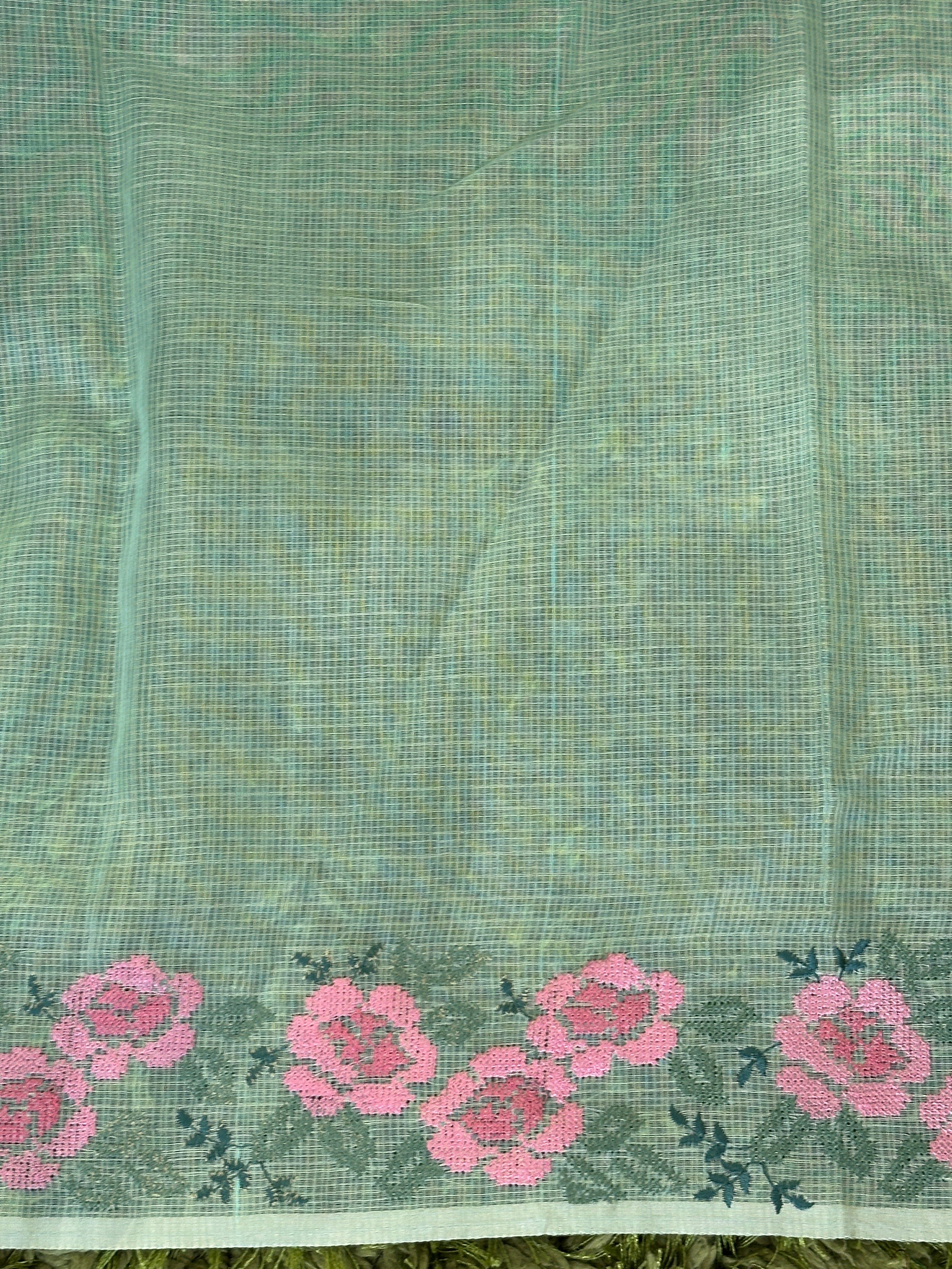 Floral Cross Stitch Embroidered Muga Check Organza Saree | JSC247