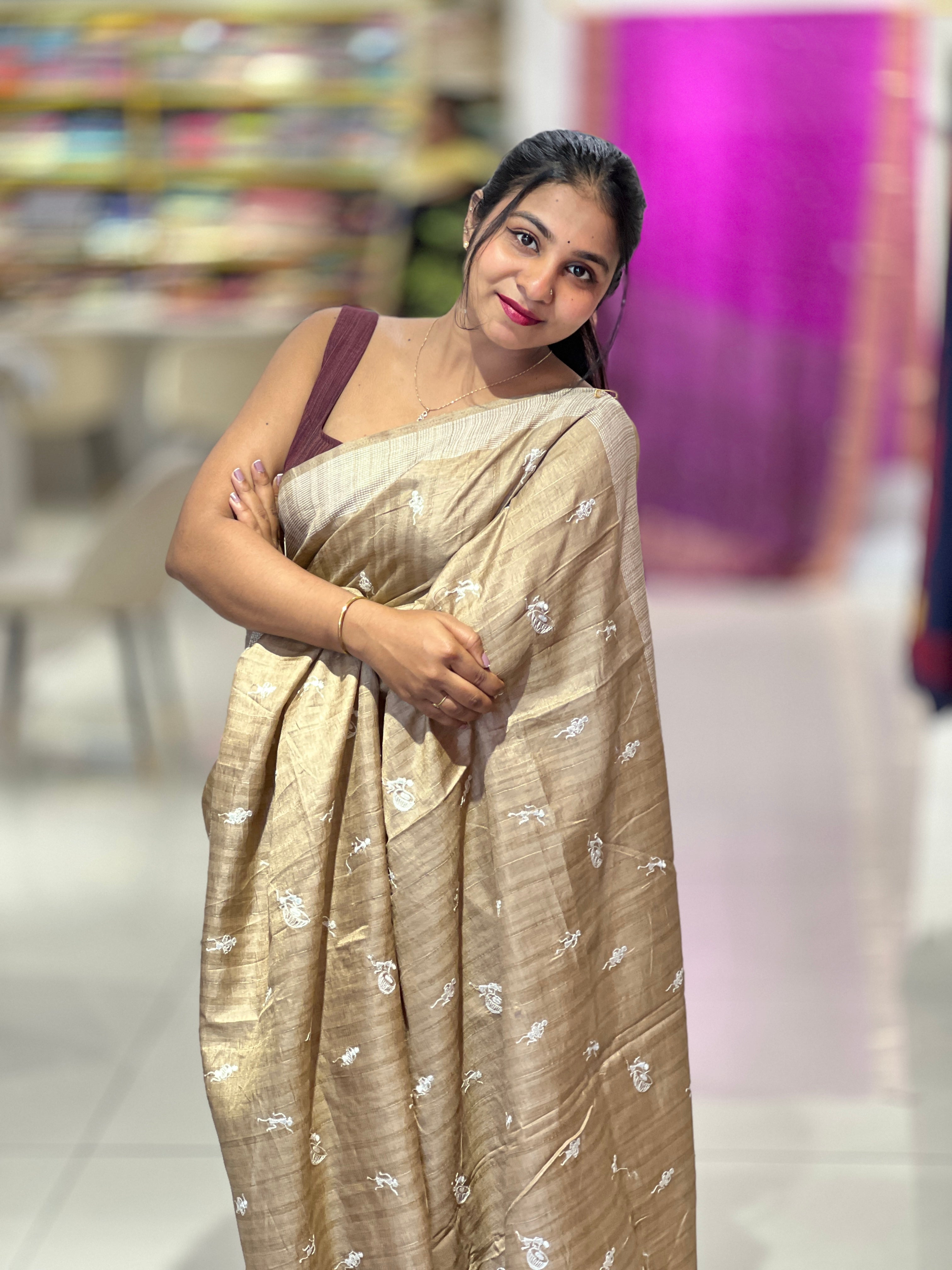Machine Embroidery Semi Tussar Saree | SUN731