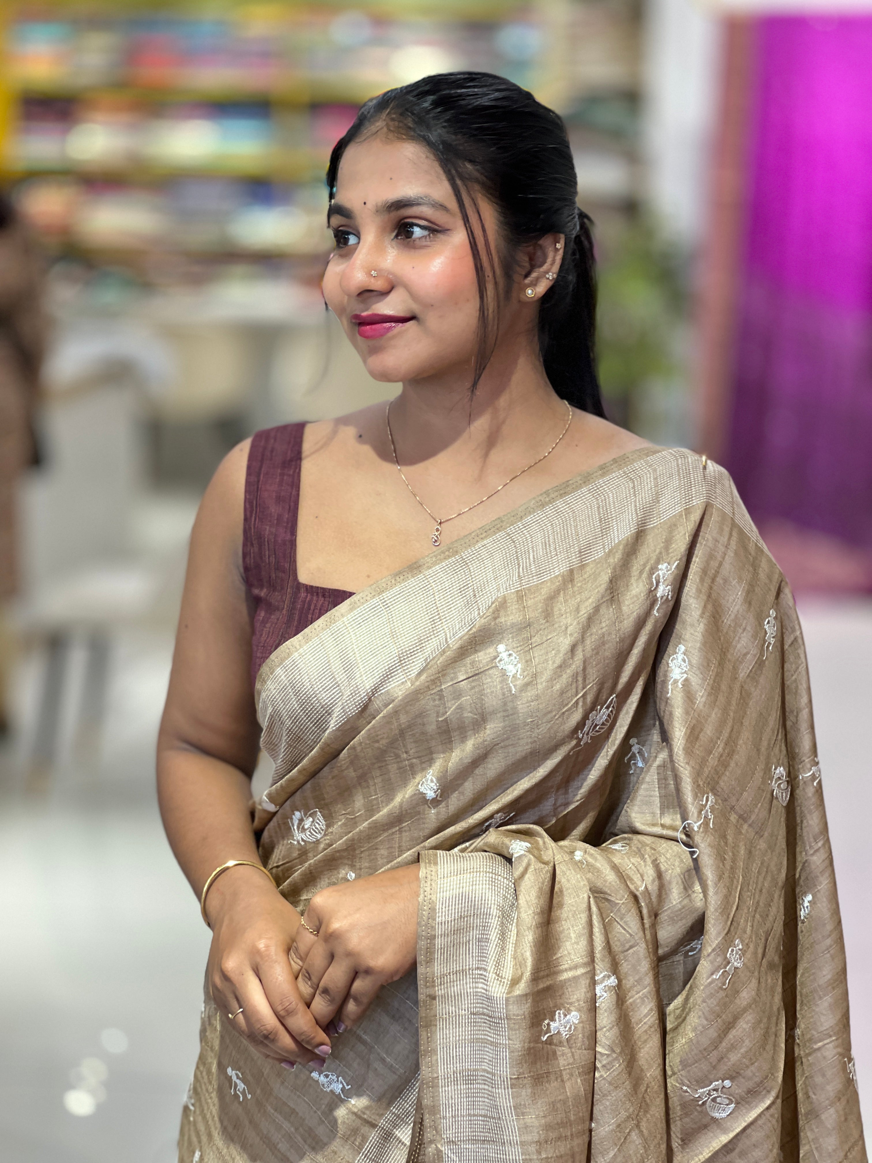 Machine Embroidery Semi Tussar Saree | SUN731
