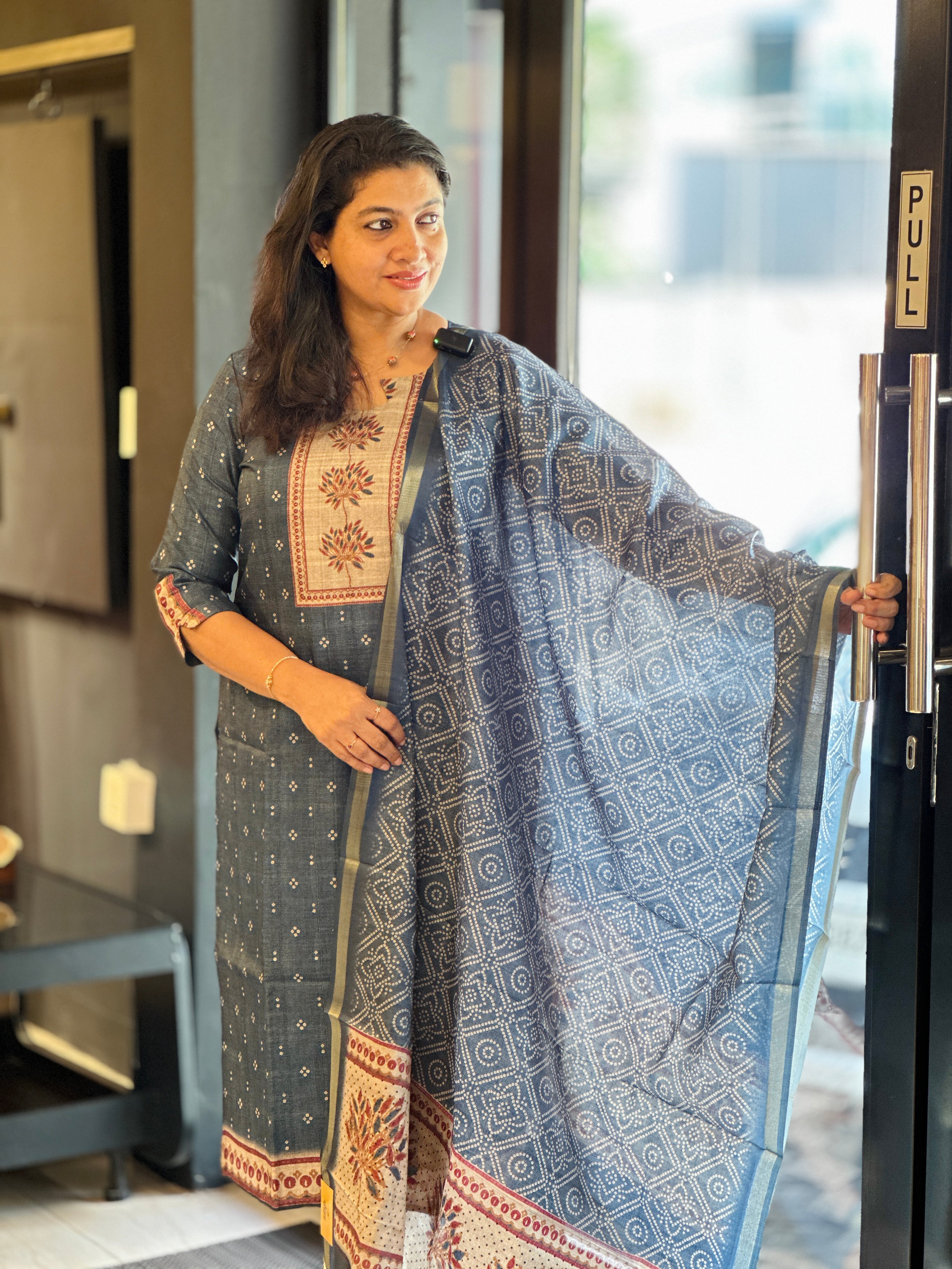 Bandhani and Indigo Texture Printed Unstitched Semi Tussar Salwar Set (Without Bottom) | SSN433