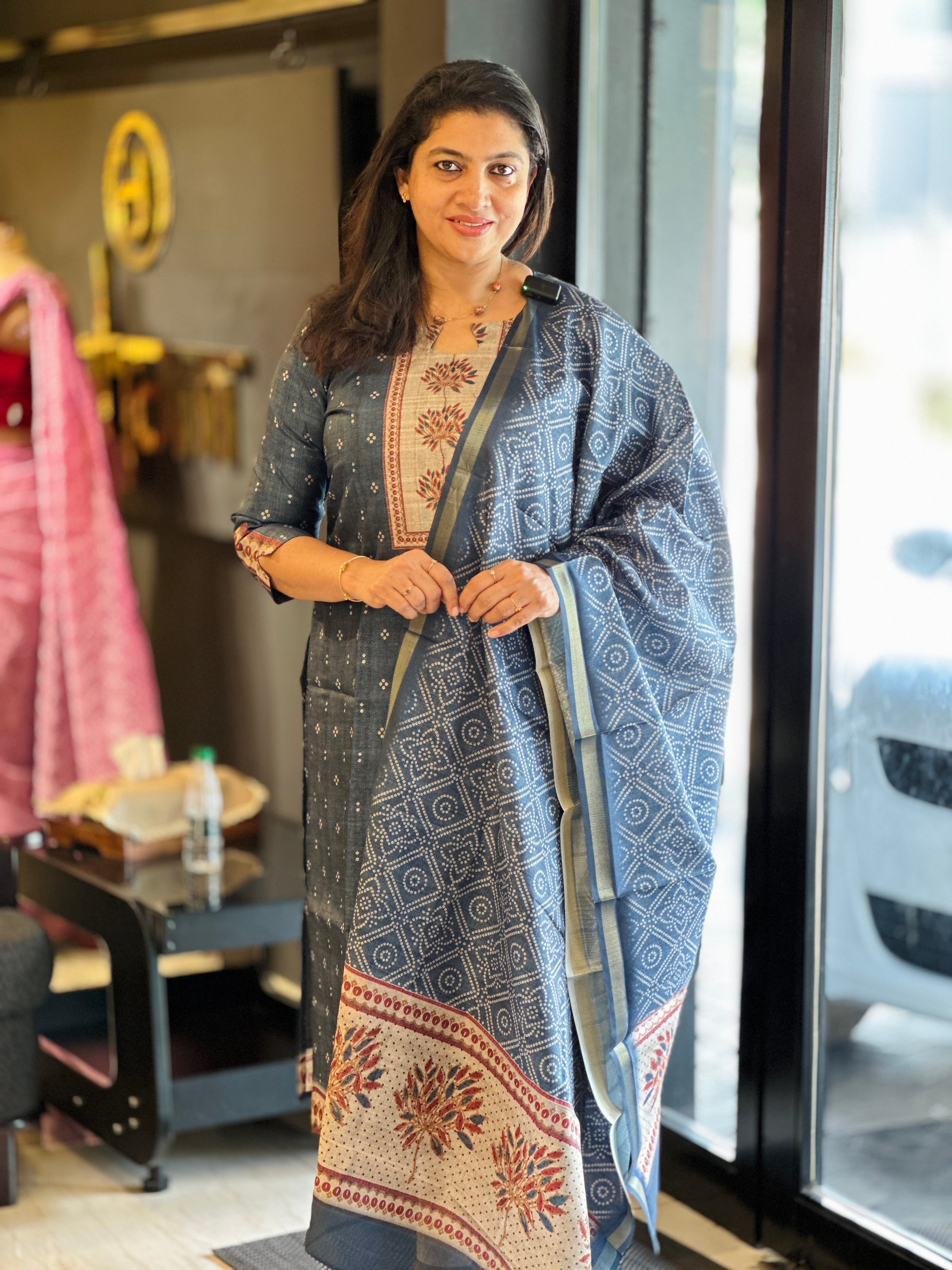 Bandhani and Indigo Texture Printed Unstitched Semi Tussar Salwar Set (Without Bottom) | SSN433