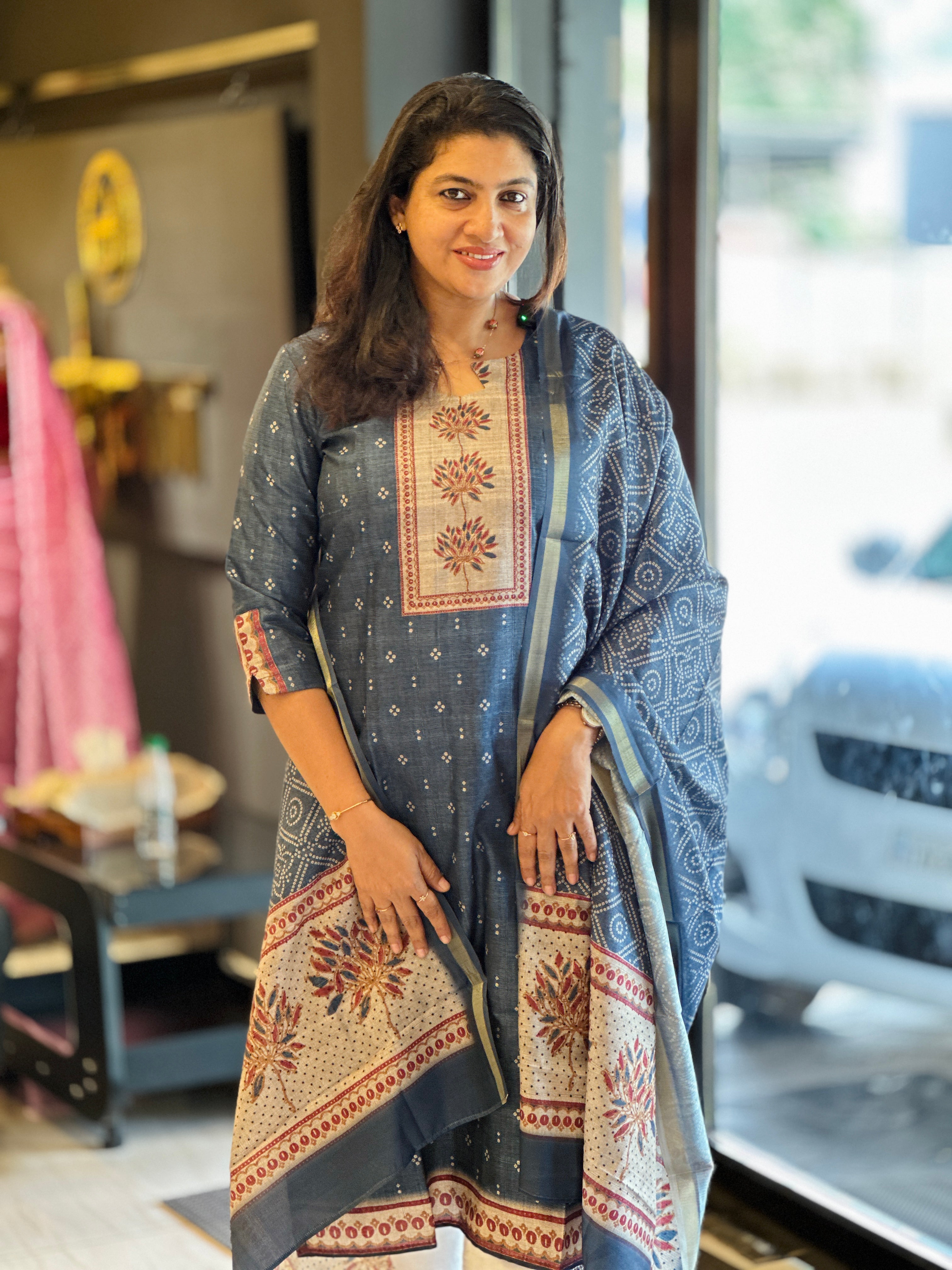 Bandhani and Indigo Texture Printed Unstitched Semi Tussar Salwar Set (Without Bottom) | SSN433