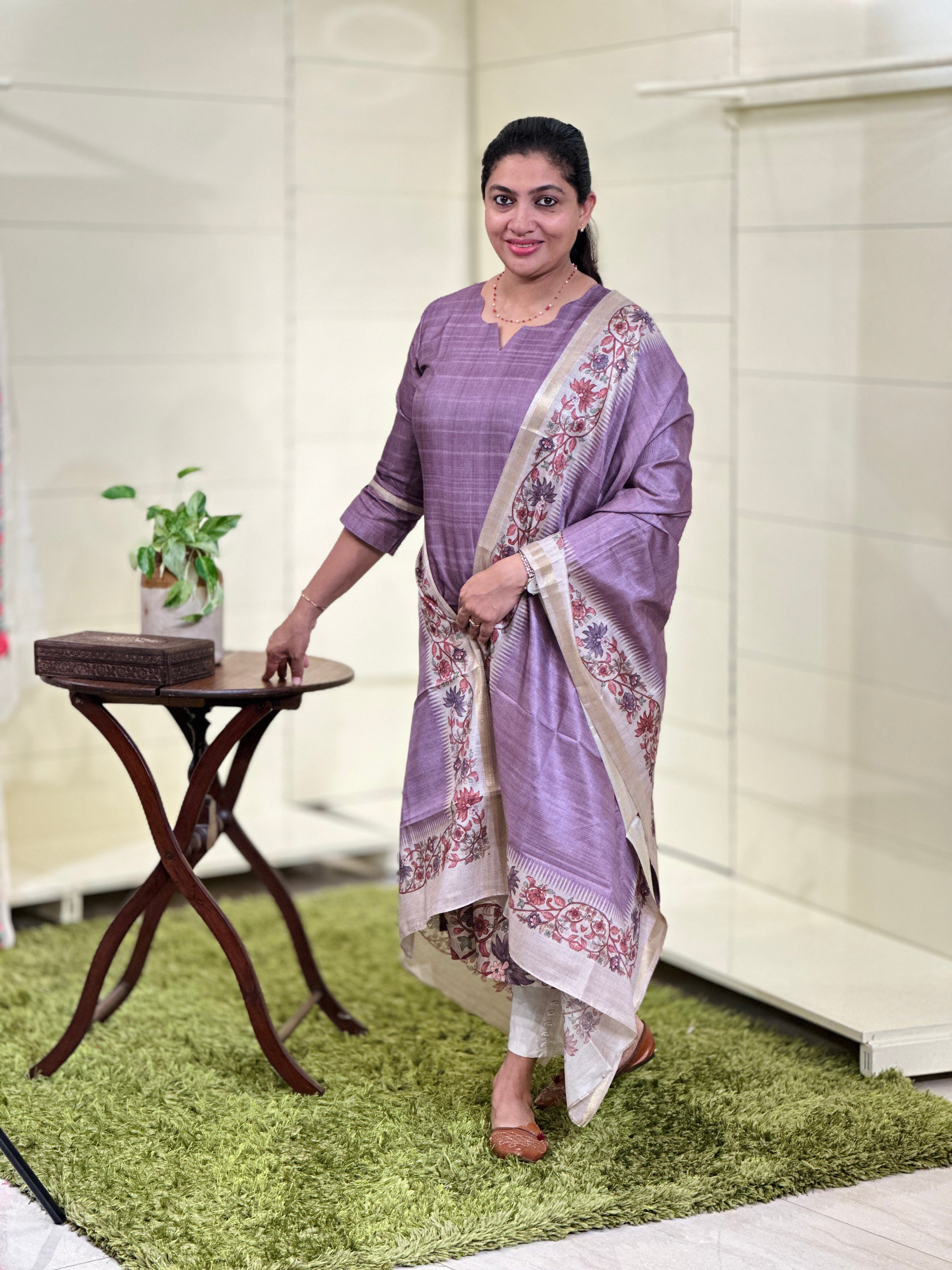 Kalamkari Inspired and Temple Border Print Detailed  Semi Tussar Unstitched Salwar Set (Without Bottom) | SSN437