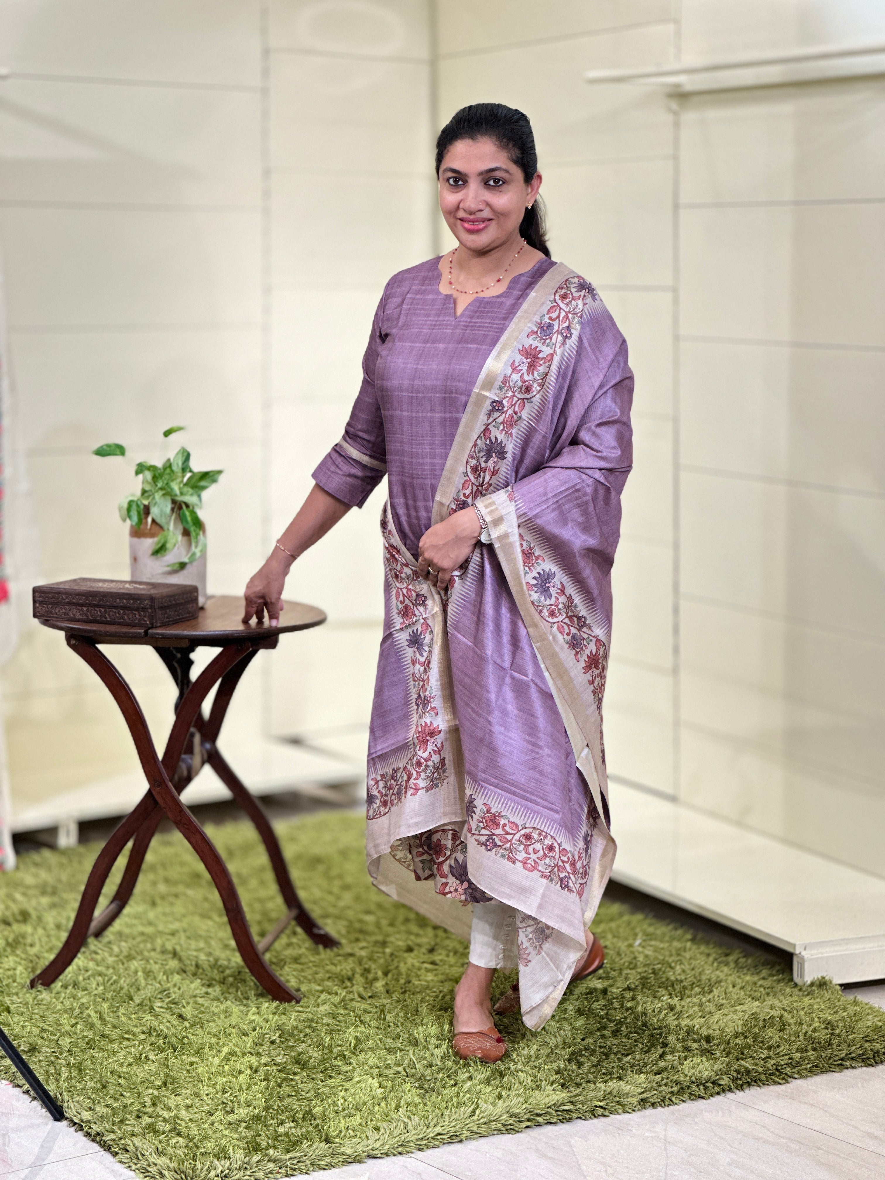 Kalamkari Inspired and Temple Border Print Detailed  Semi Tussar Unstitched Salwar Set (Without Bottom) | SSN437