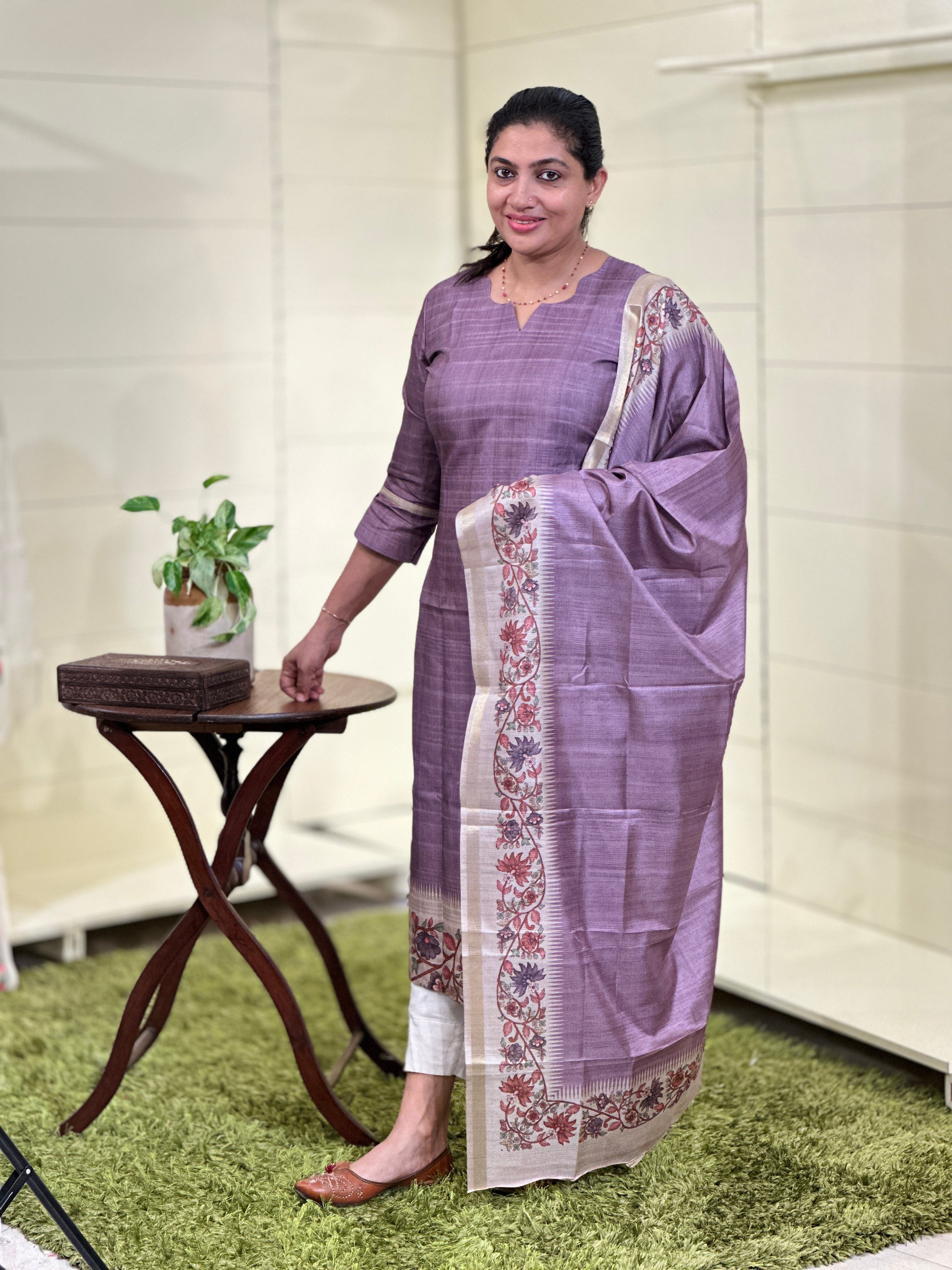 Kalamkari Inspired and Temple Border Print Detailed  Semi Tussar Unstitched Salwar Set (Without Bottom) | SSN437