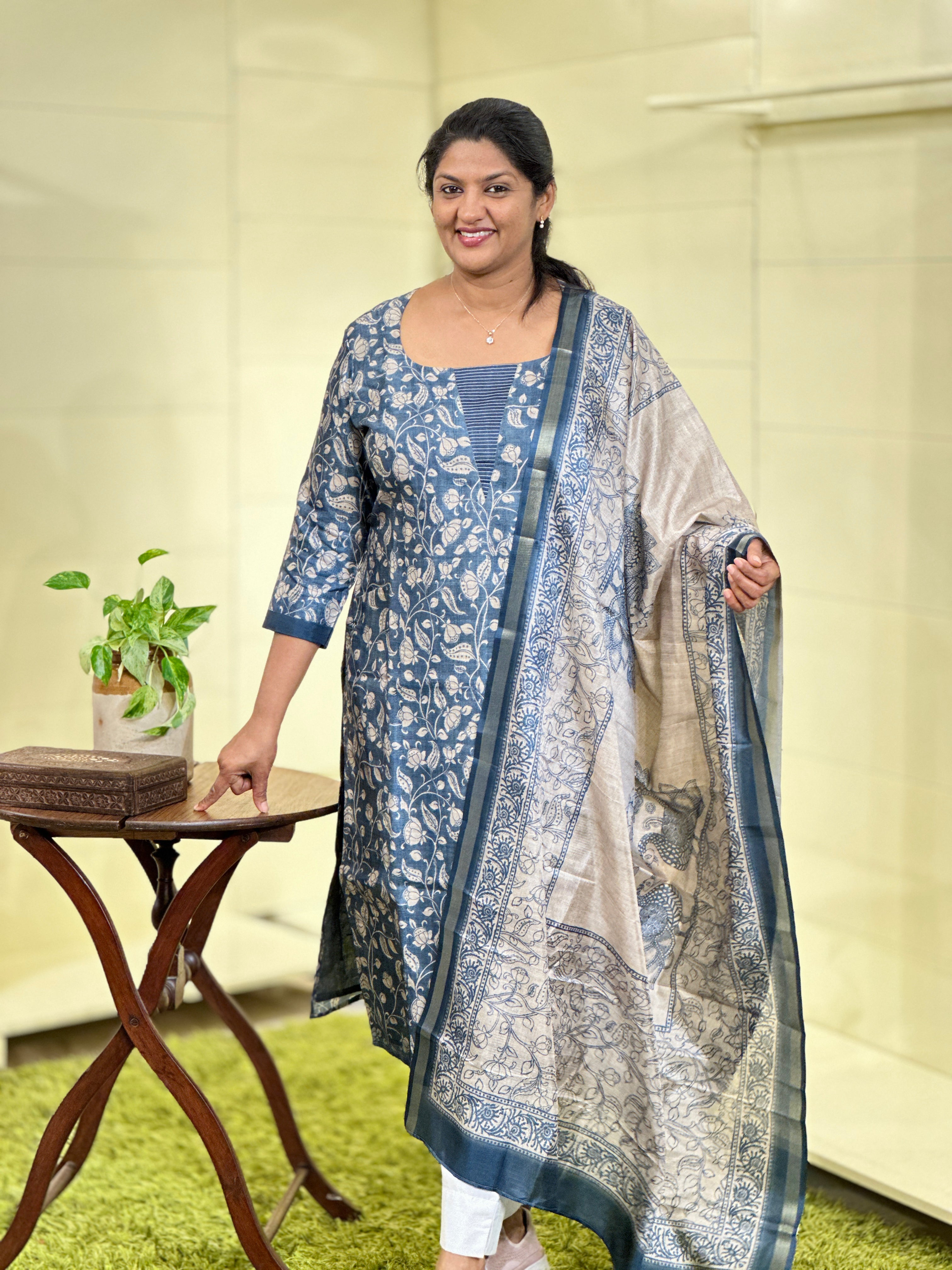 Kalamkari Inspired Printed Semi Tussar Unstitched Salwar Set (Without Bottom) | SSN434