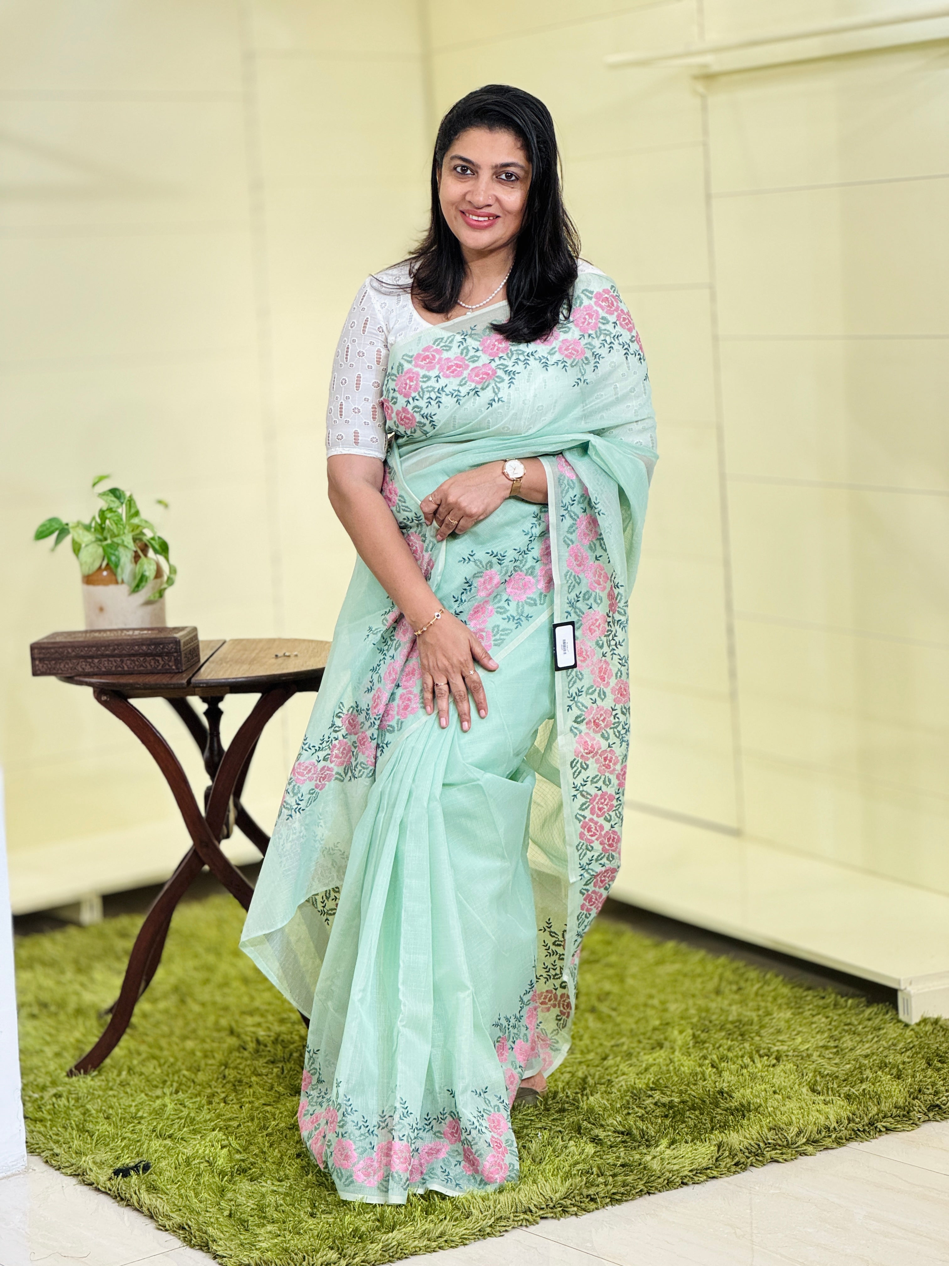 Floral Cross Stitch Embroidered Muga Check Organza Saree | JSC247