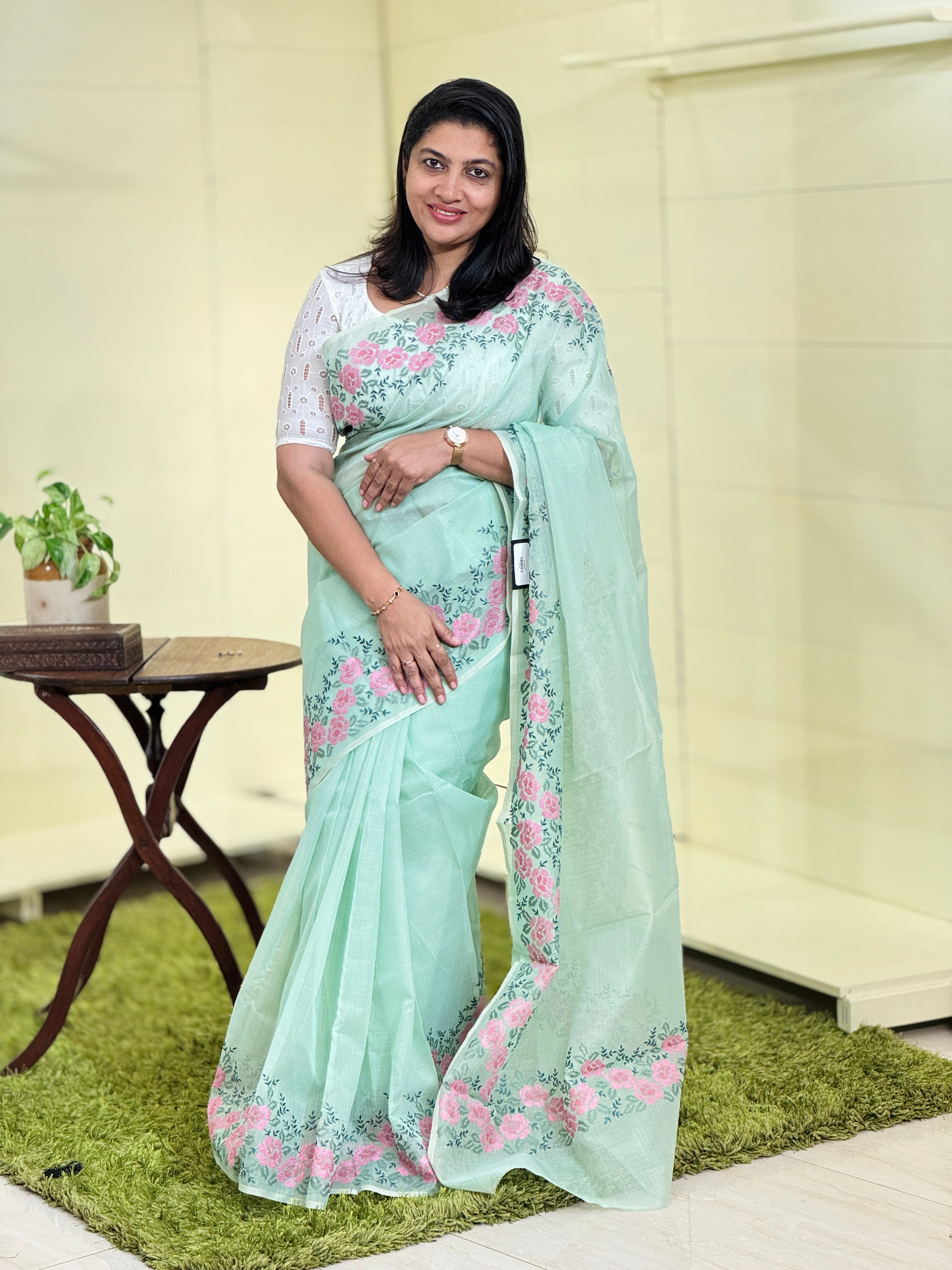 Floral Cross Stitch Embroidered Muga Check Organza Saree | JSC247
