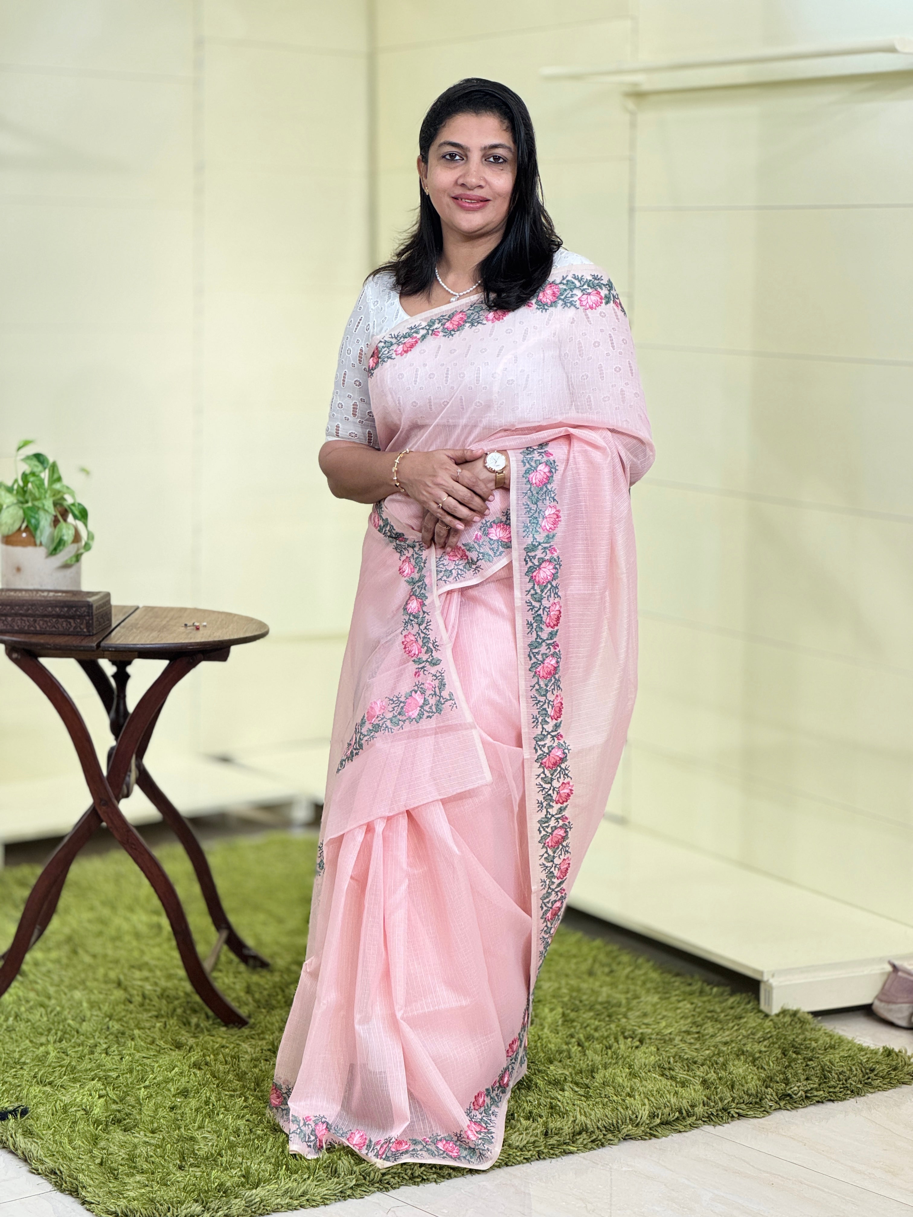 Floral Cross Stitch Embroidered Muga Check Organza Saree | JSC223