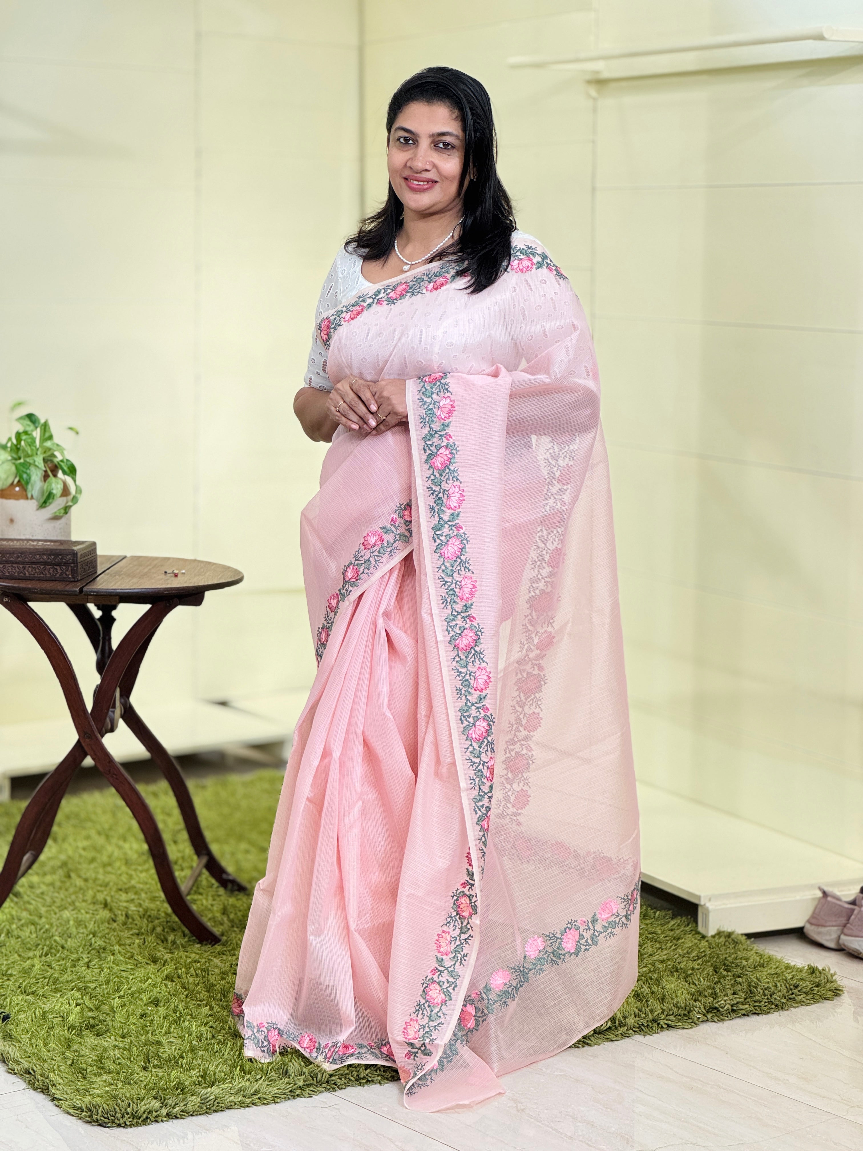 Floral Cross Stitch Embroidered Muga Check Organza Saree | JSC223