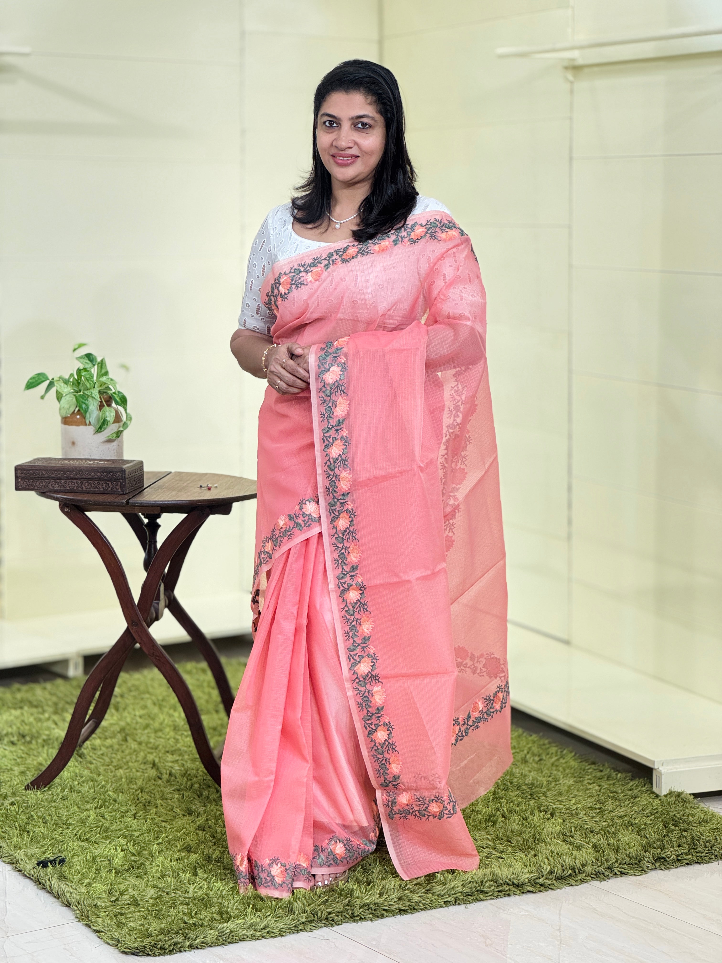 Floral Cross Stitch Embroidered Muga Check Organza Saree | JSC174