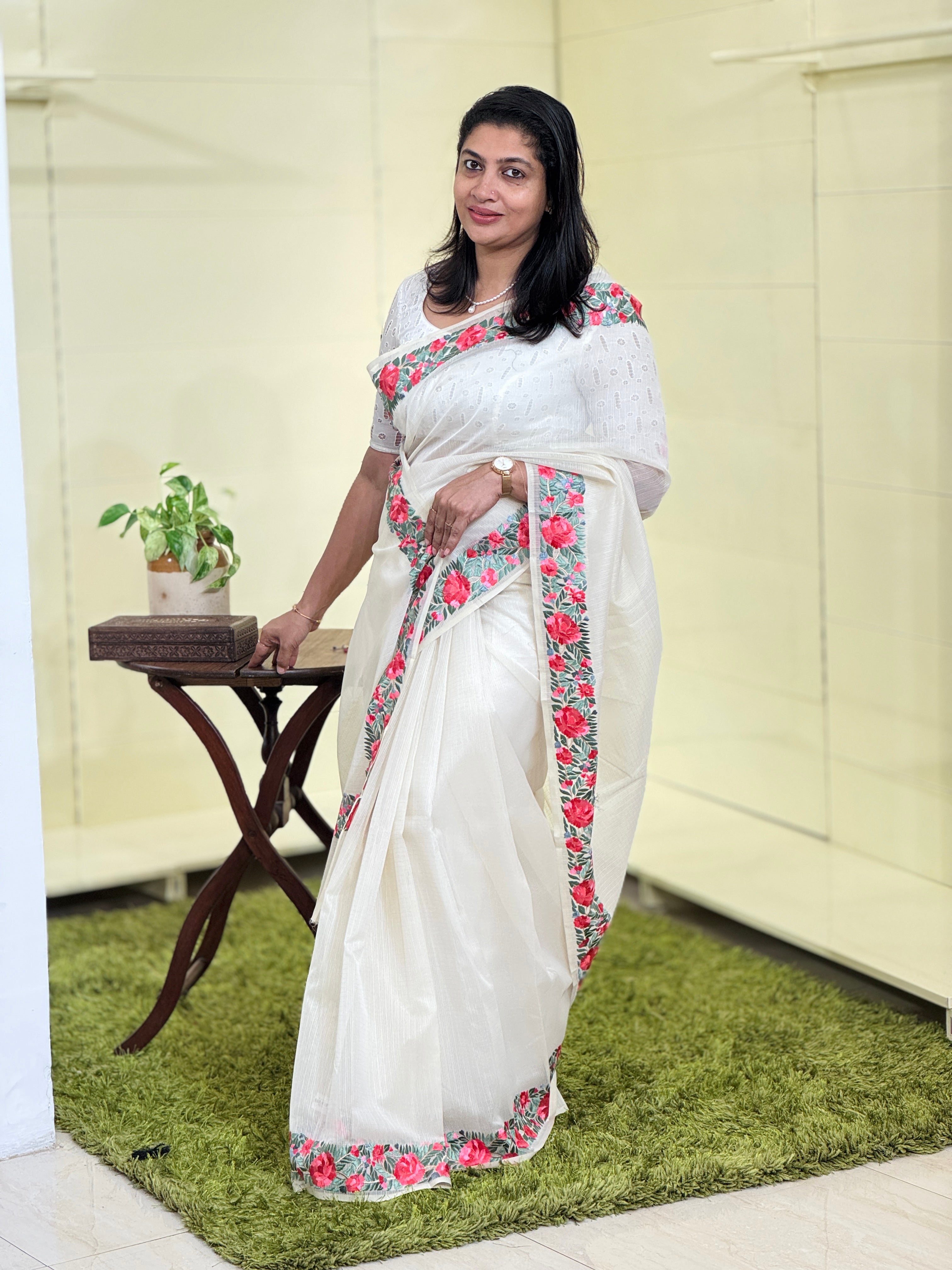 Floral Parsley Embroidered Muga Check Organza Saree | JSC125