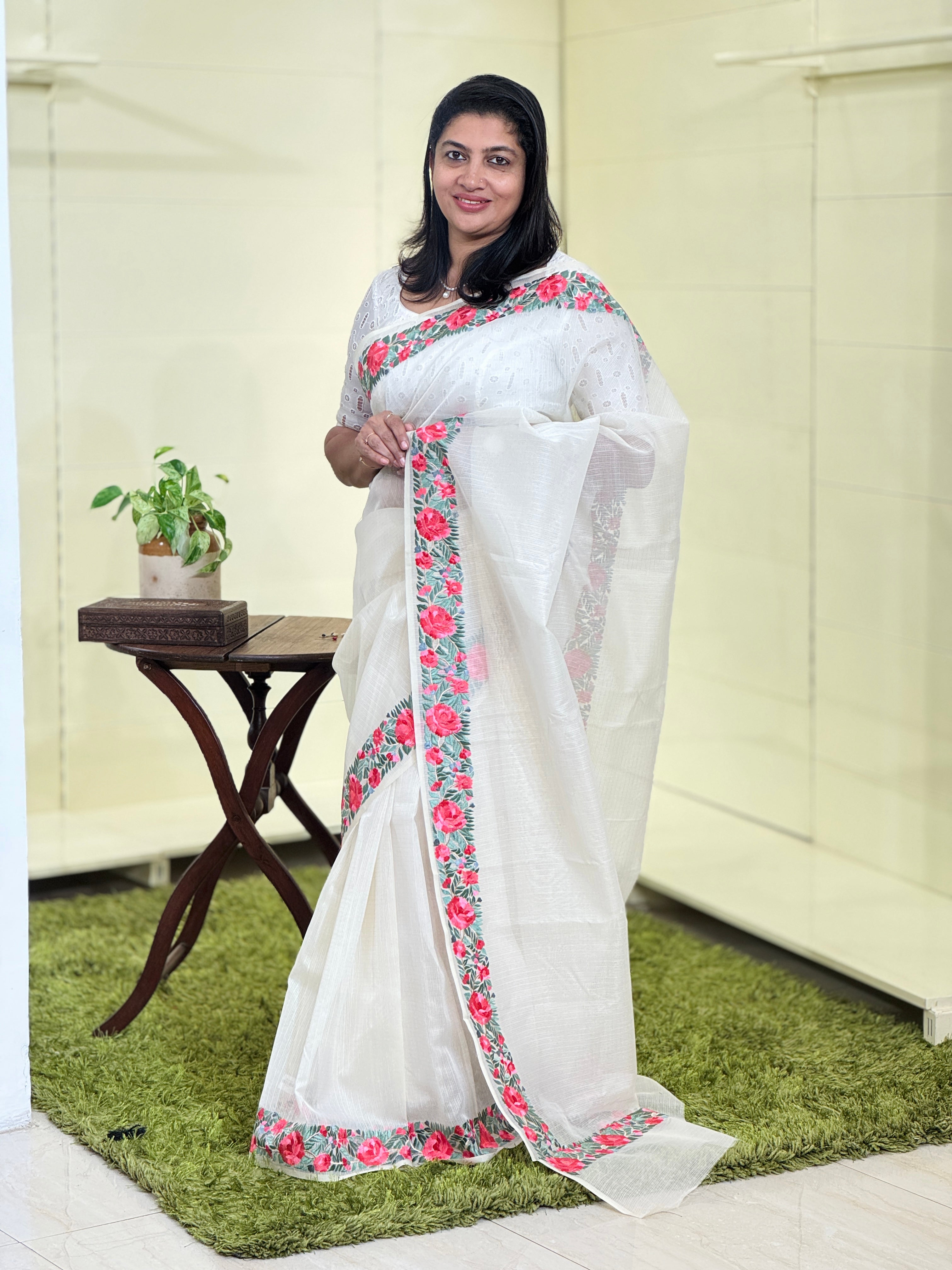 Floral Parsley Embroidered Muga Check Organza Saree | JSC125