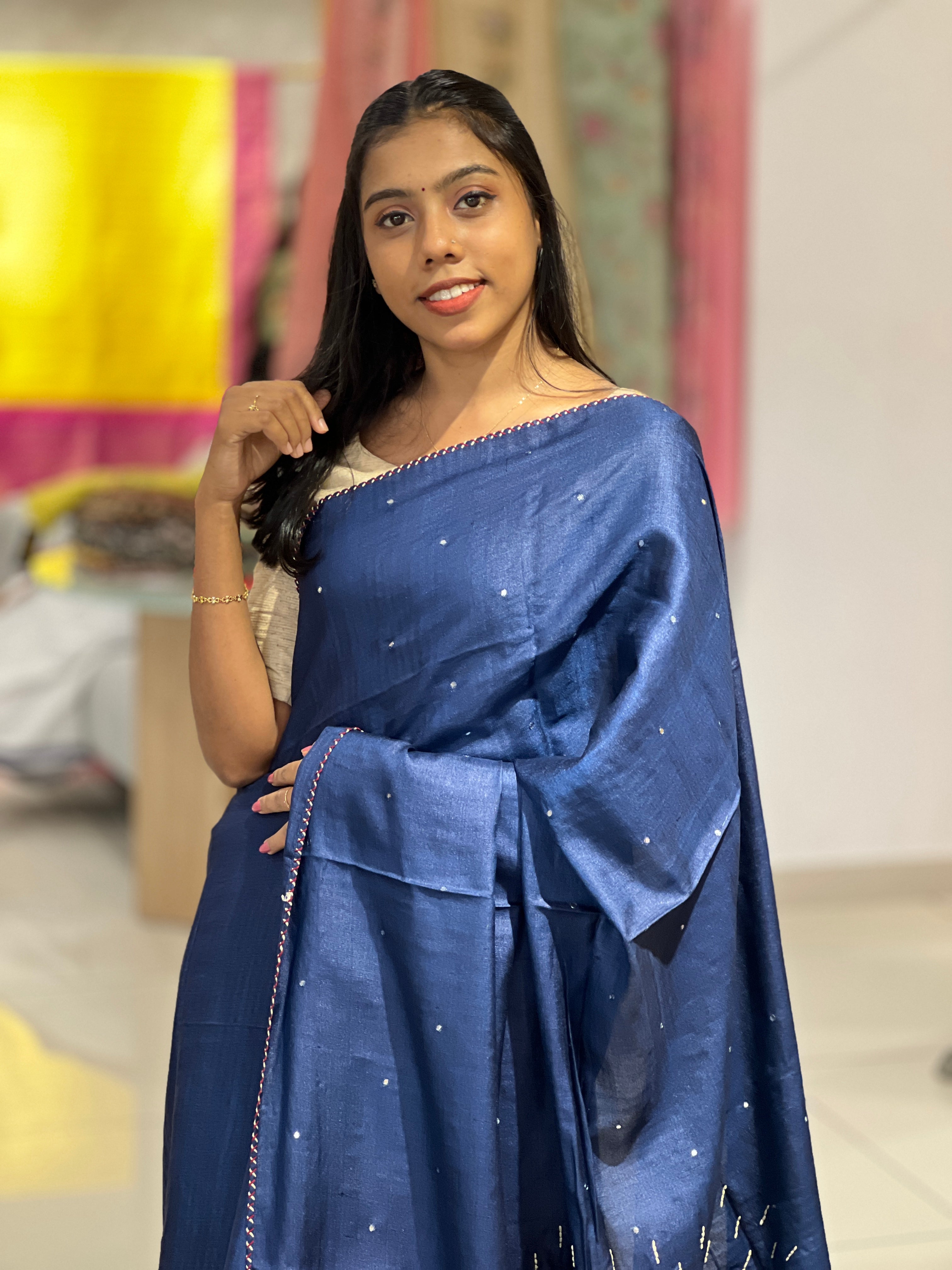 Hand Embroidery With Mirror Work Detailed Desi Tussar Saree | RGD655