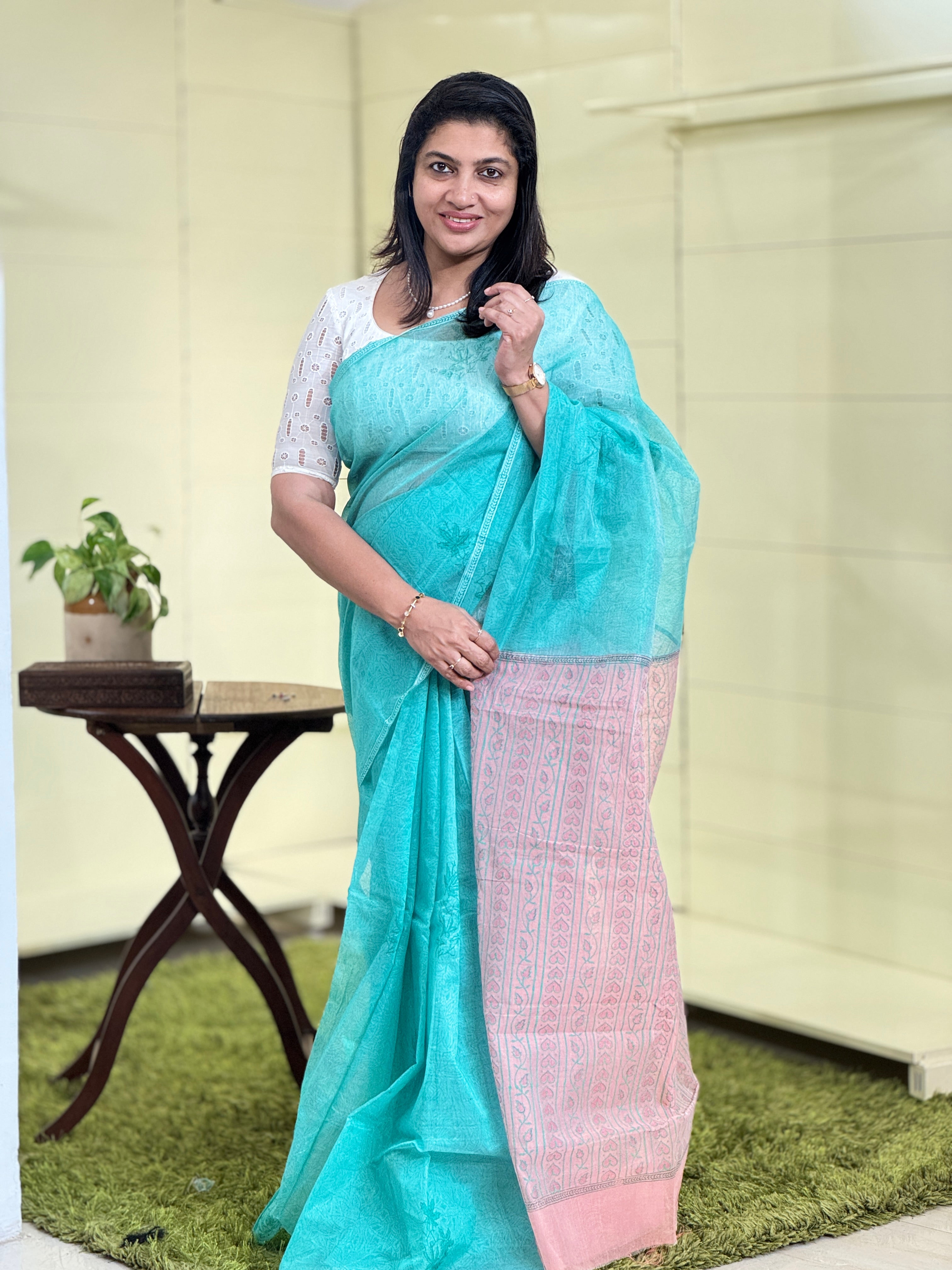 Hand Block Printed Silky Kota Saree | JSC263