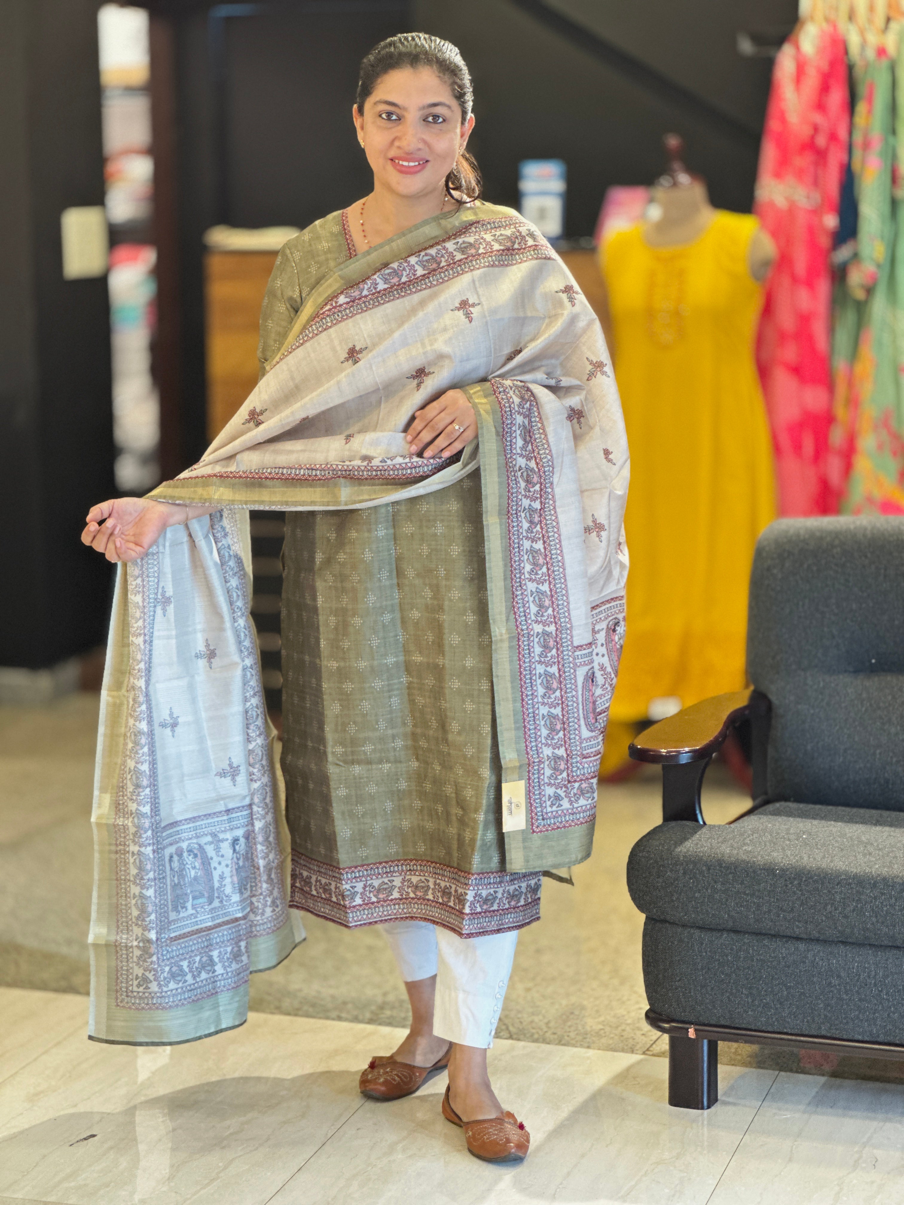 Bandhani and Madhubani Texture Printed Unstitched Semi Tussar Salwar Set (Without Bottom) | SSN431