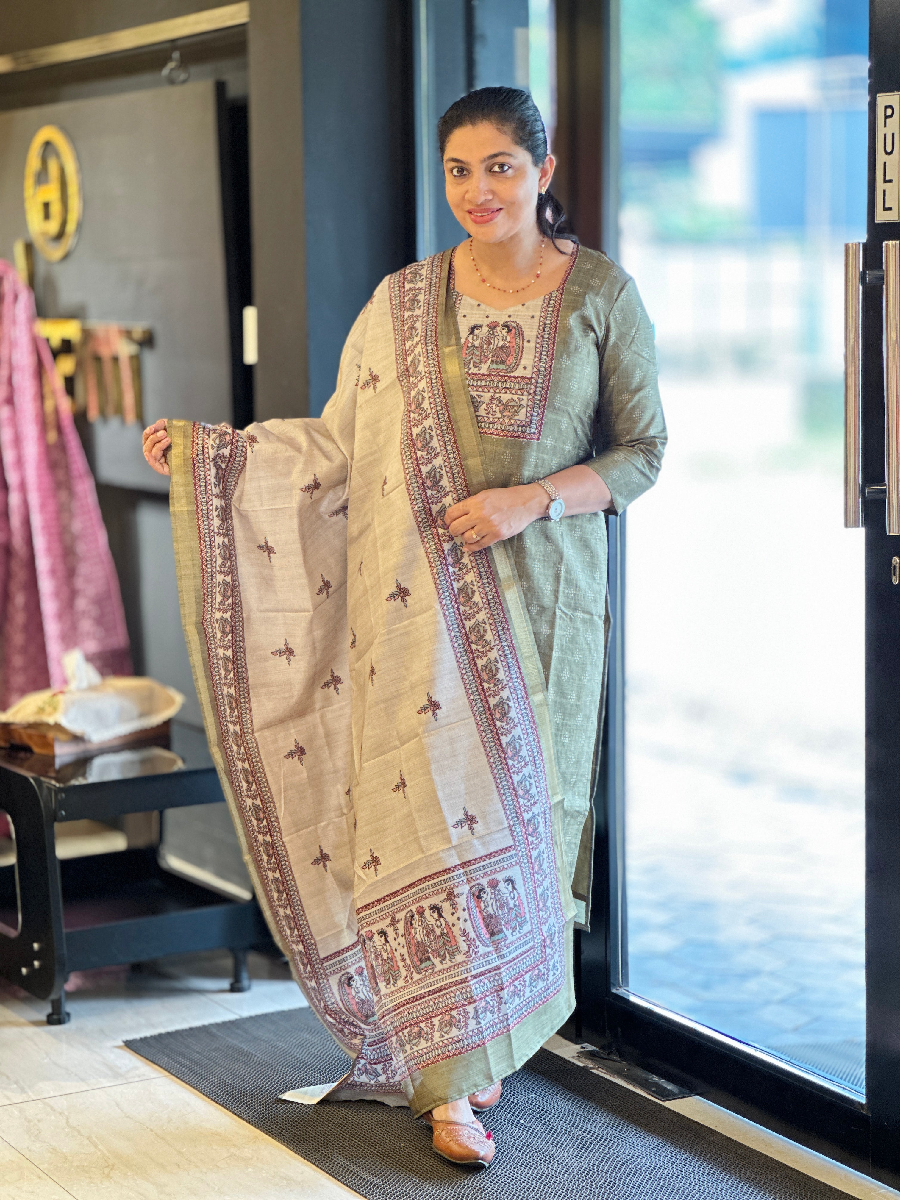 Bandhani and Madhubani Texture Printed Unstitched Semi Tussar Salwar Set (Without Bottom) | SSN431
