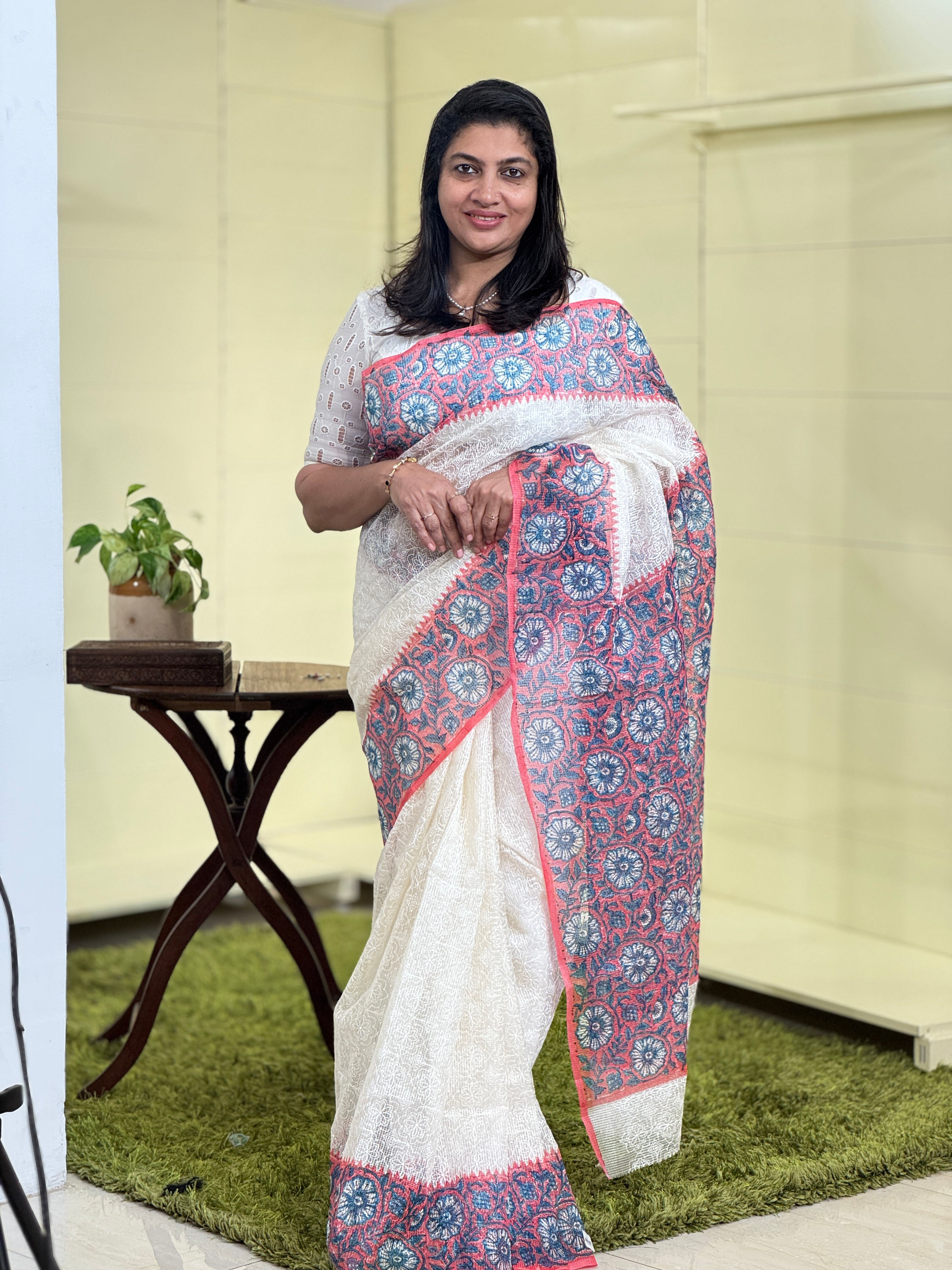 Tepchi Embroidery With Block Printed Supernet Kota Saree | JSC136