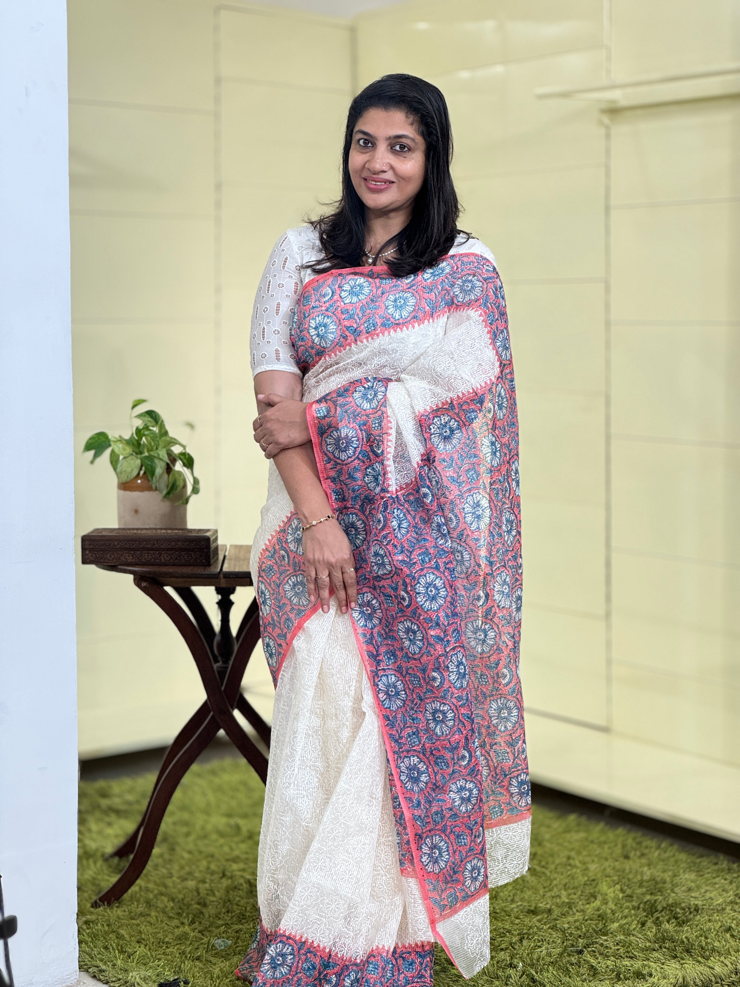 Tepchi Embroidery With Block Printed Supernet Kota Saree | JSC136