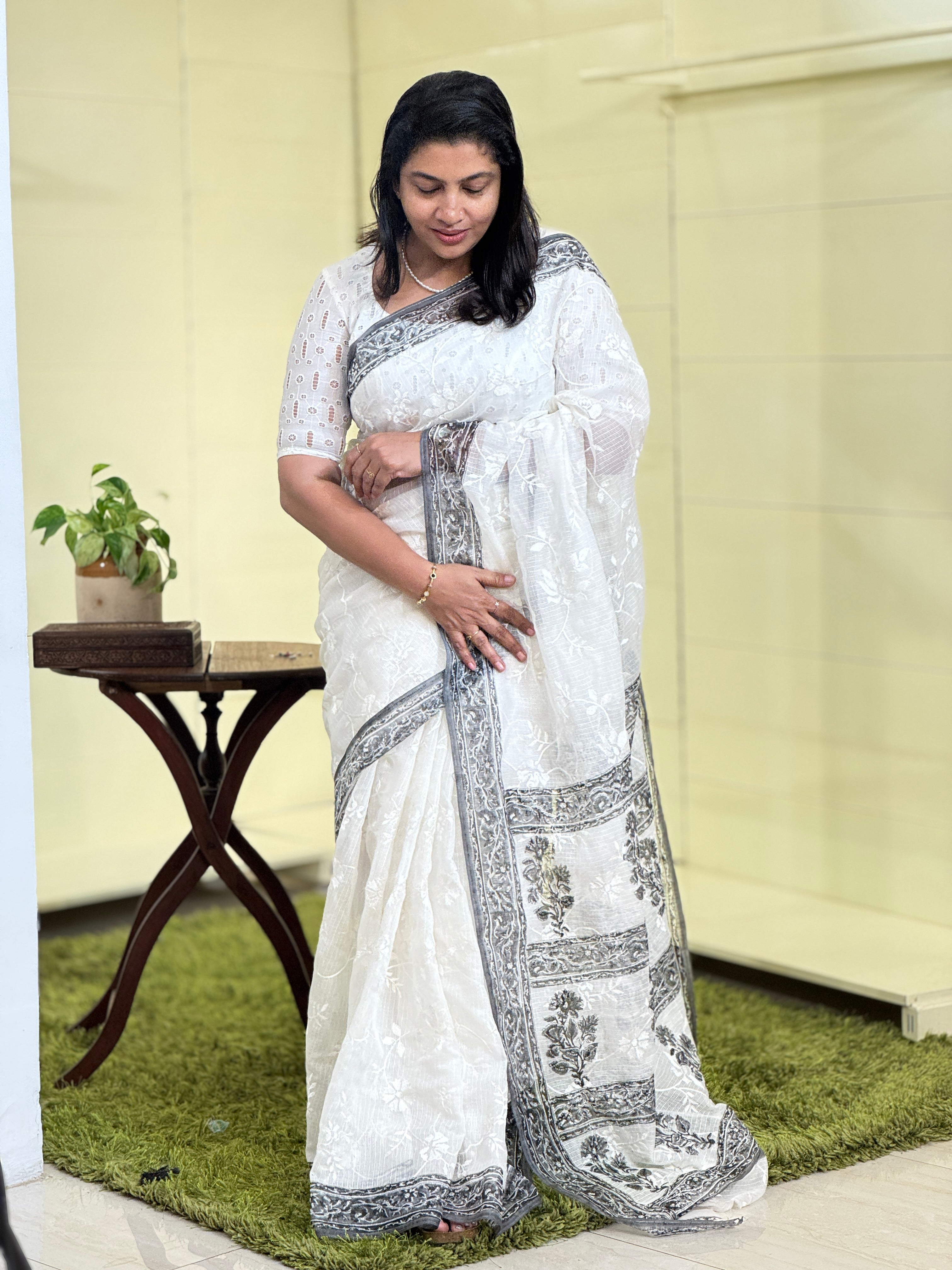 Tepchi Embroidery With Block Printed Supernet Kota Saree | JSC153