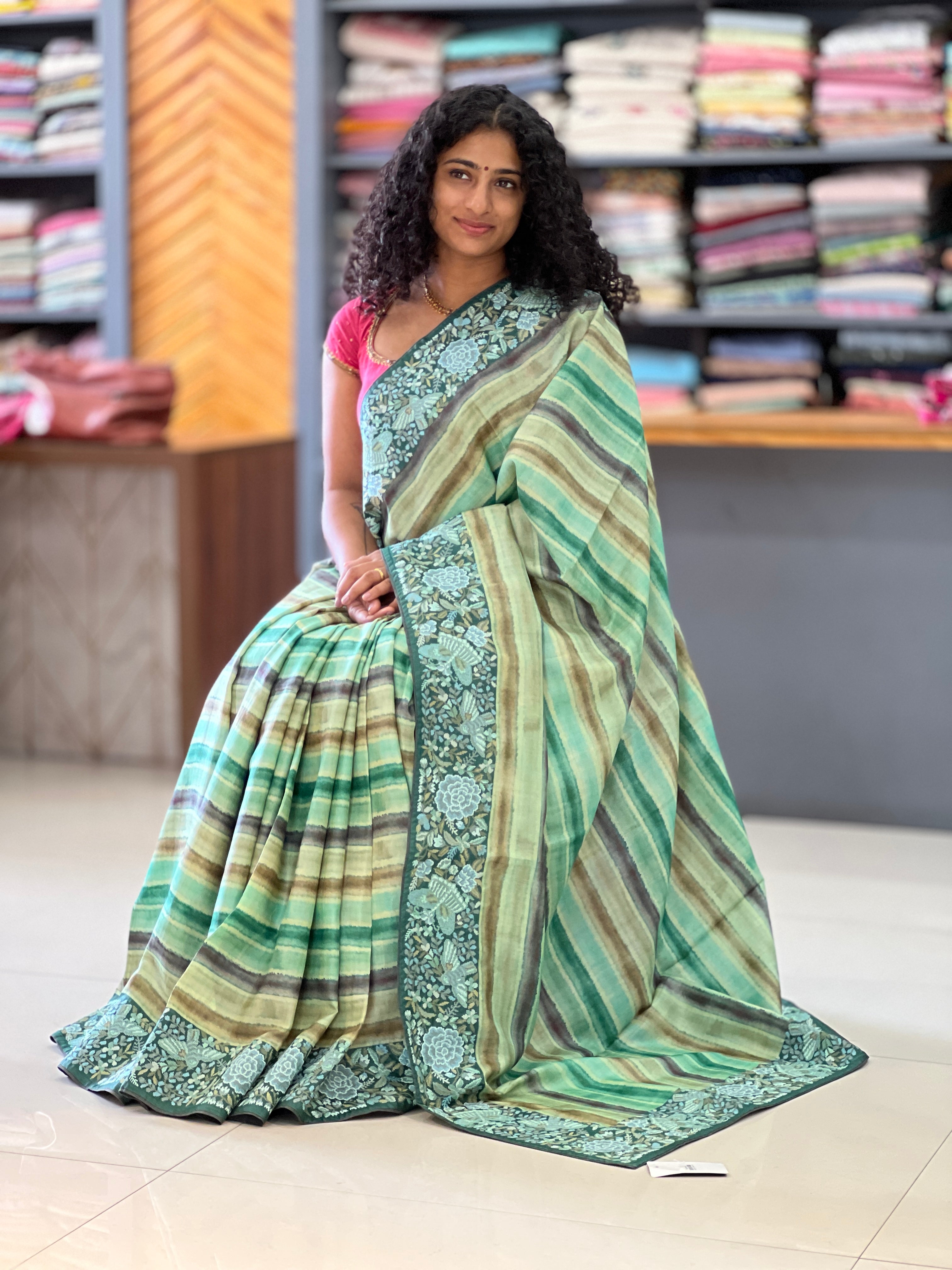 Green Color Stripe Pattern Tussar Saree | RGD124