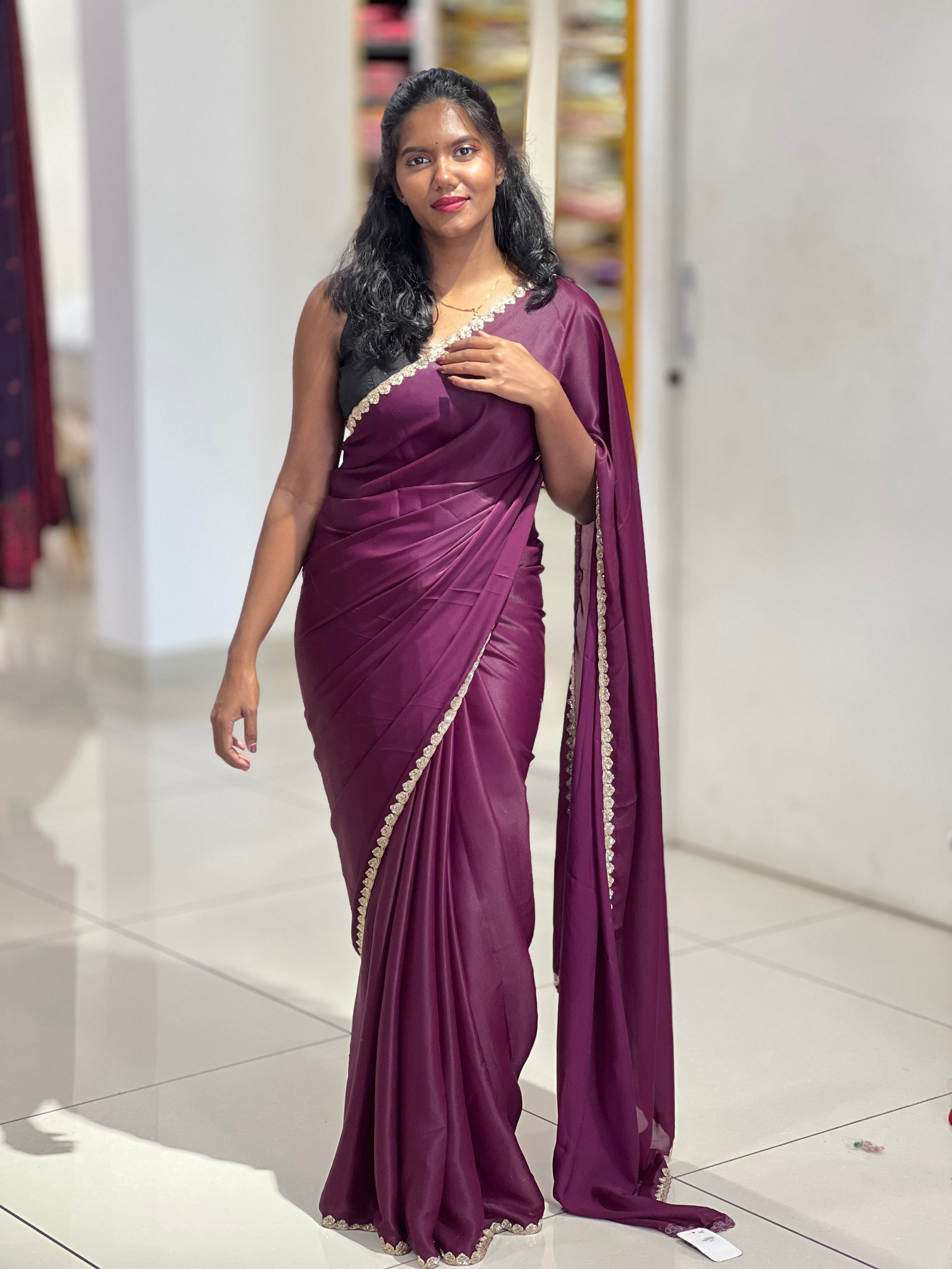 Embroidery Border Pattern Satin Georgette Saree | ISP127