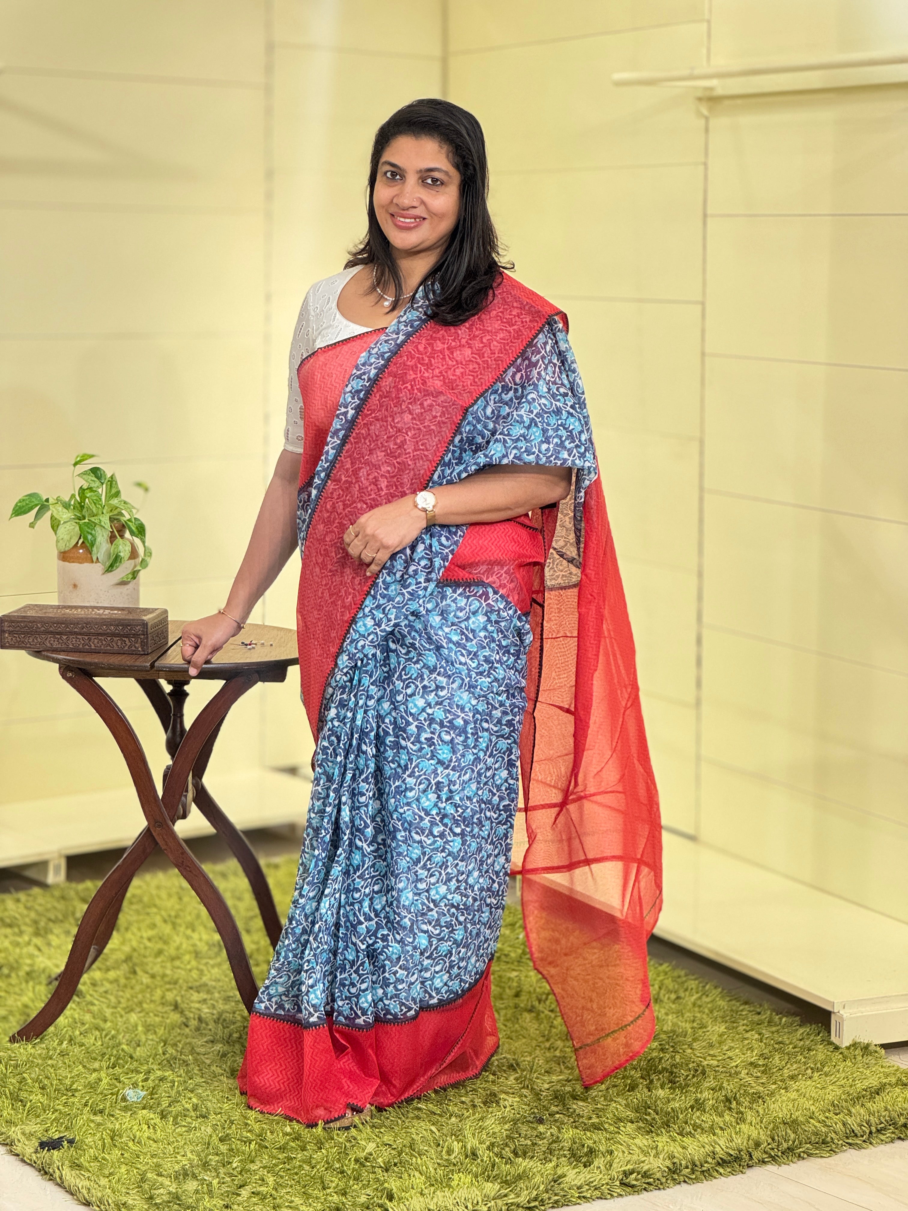 Hand Block Printed Silky Kota Saree | JSC358