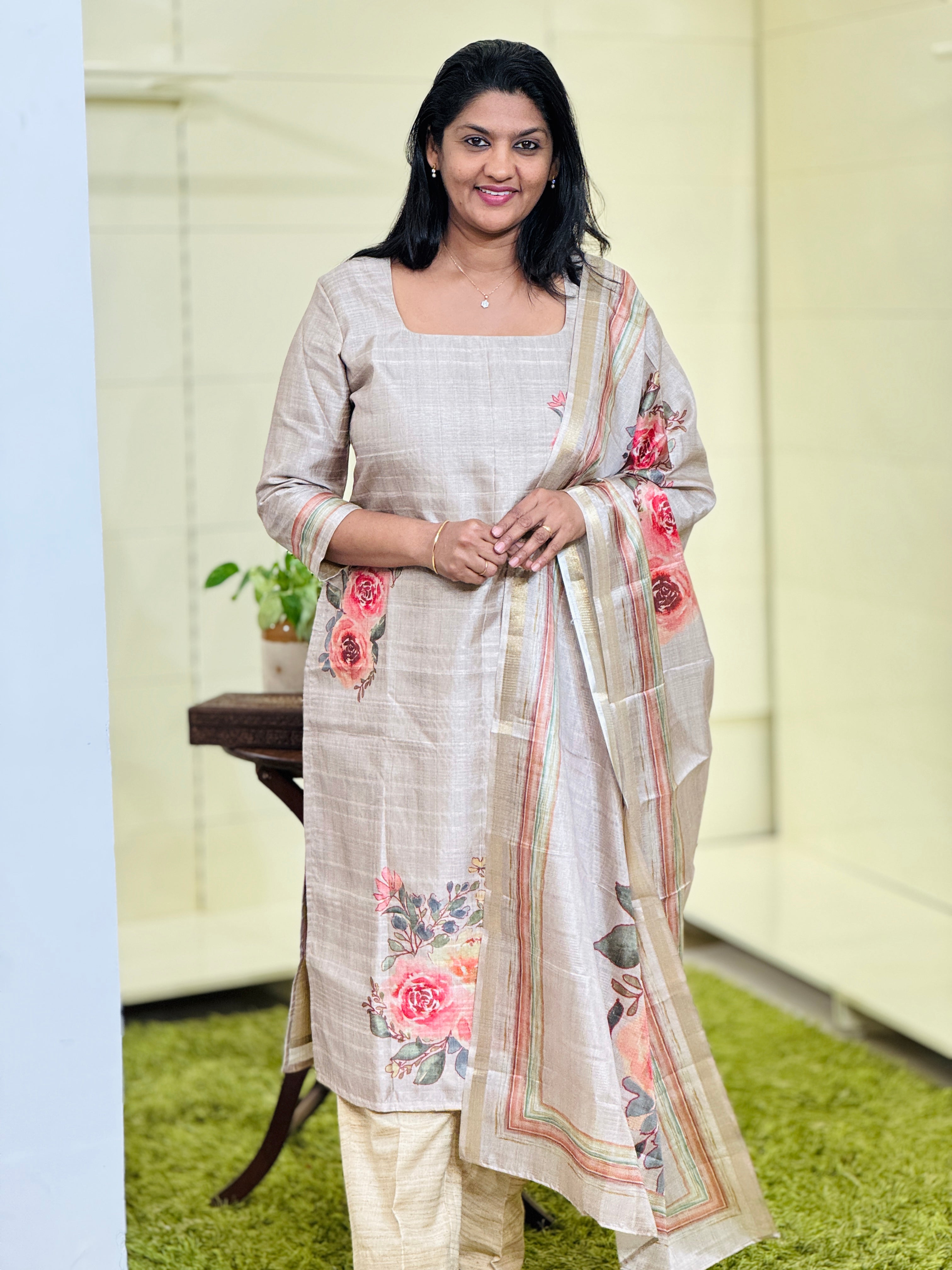 Floral Digital Printed Unstitched Semi Tussar Salwar Set (Without Bottom) | SSN435