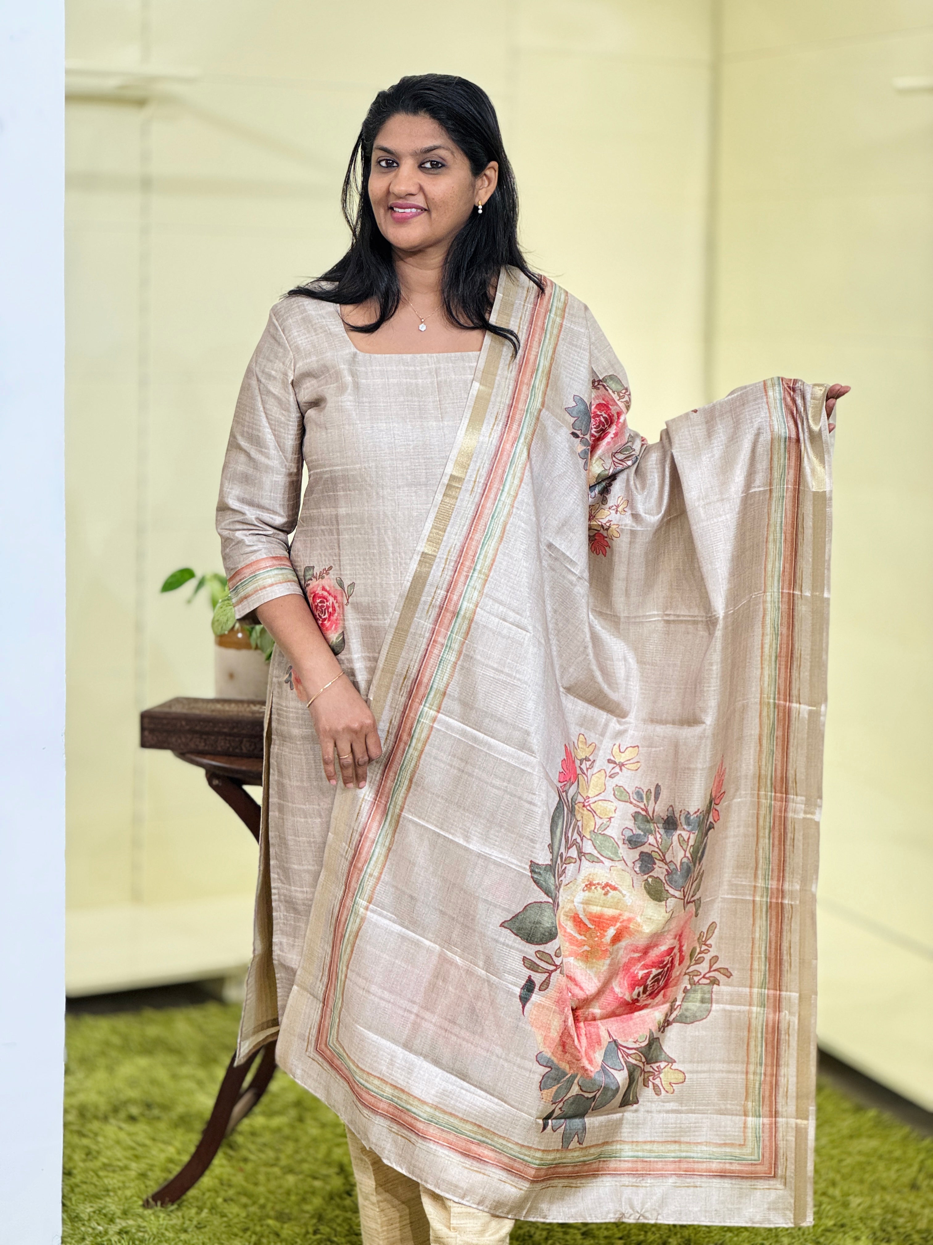 Floral Digital Printed Unstitched Semi Tussar Salwar Set (Without Bottom) | SSN435