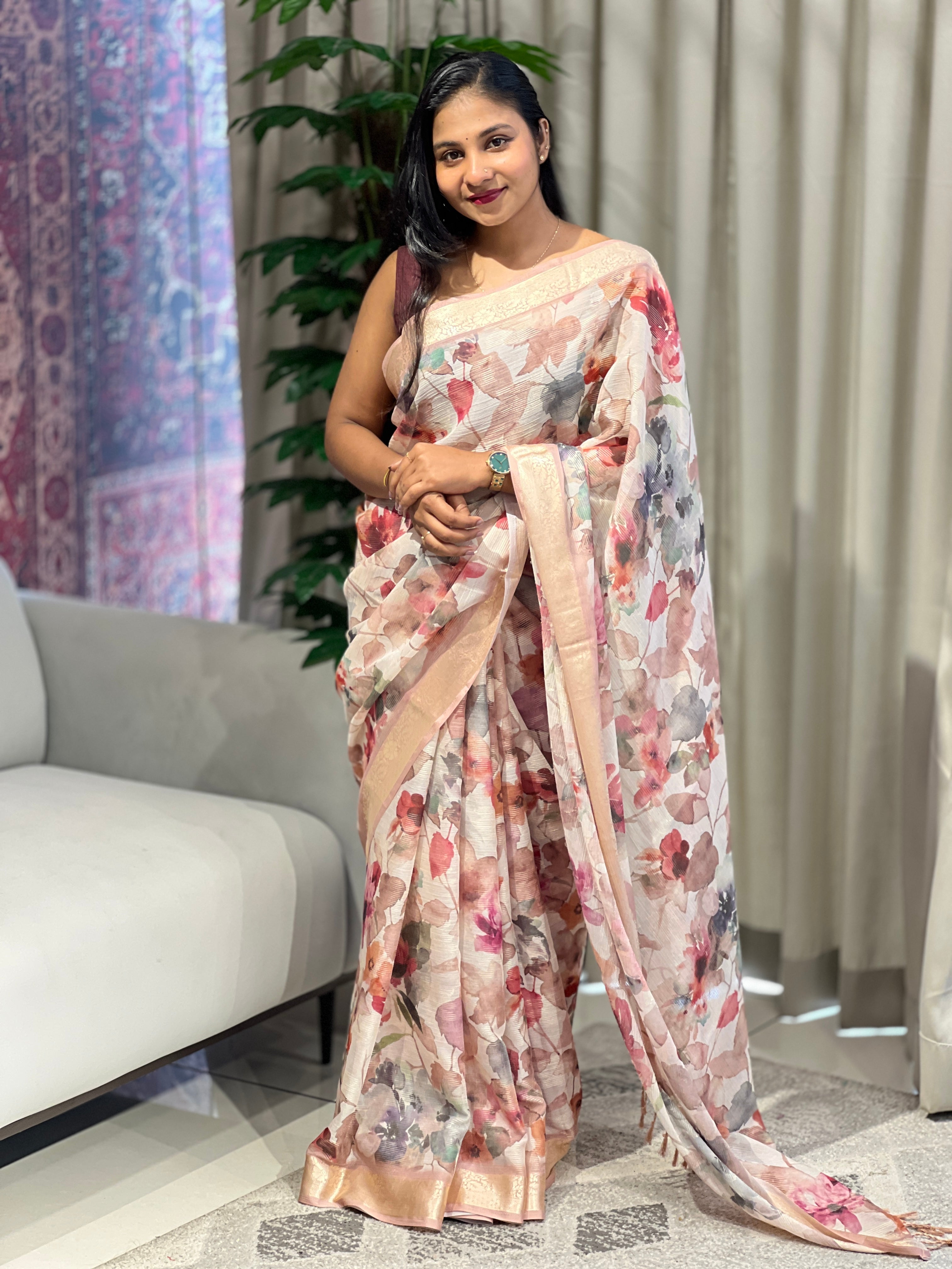 Floral Printed Chinon Saree | SSN121