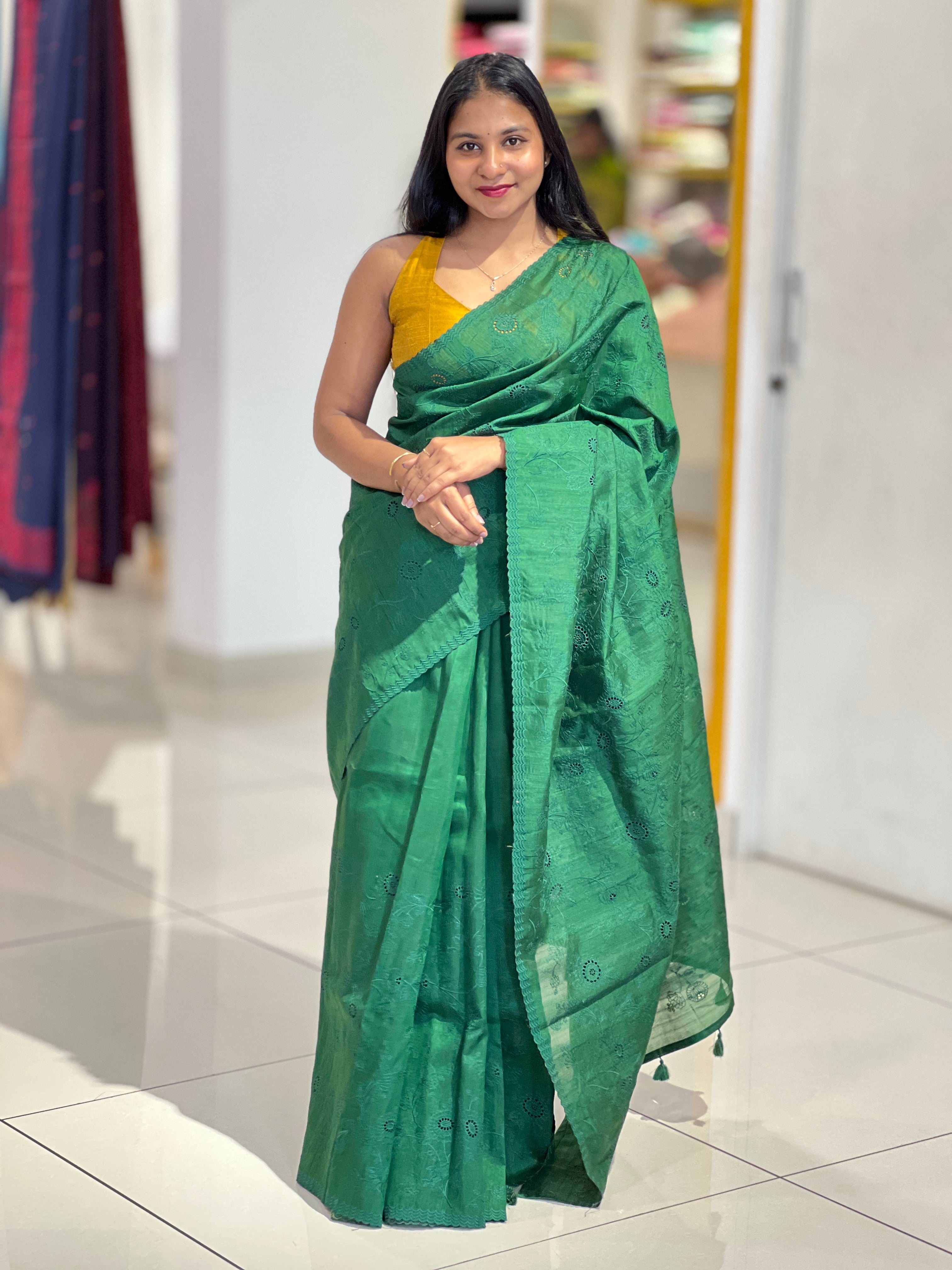 Shiffli Embroidery Pattern Semi Tussar Saree | YNG157