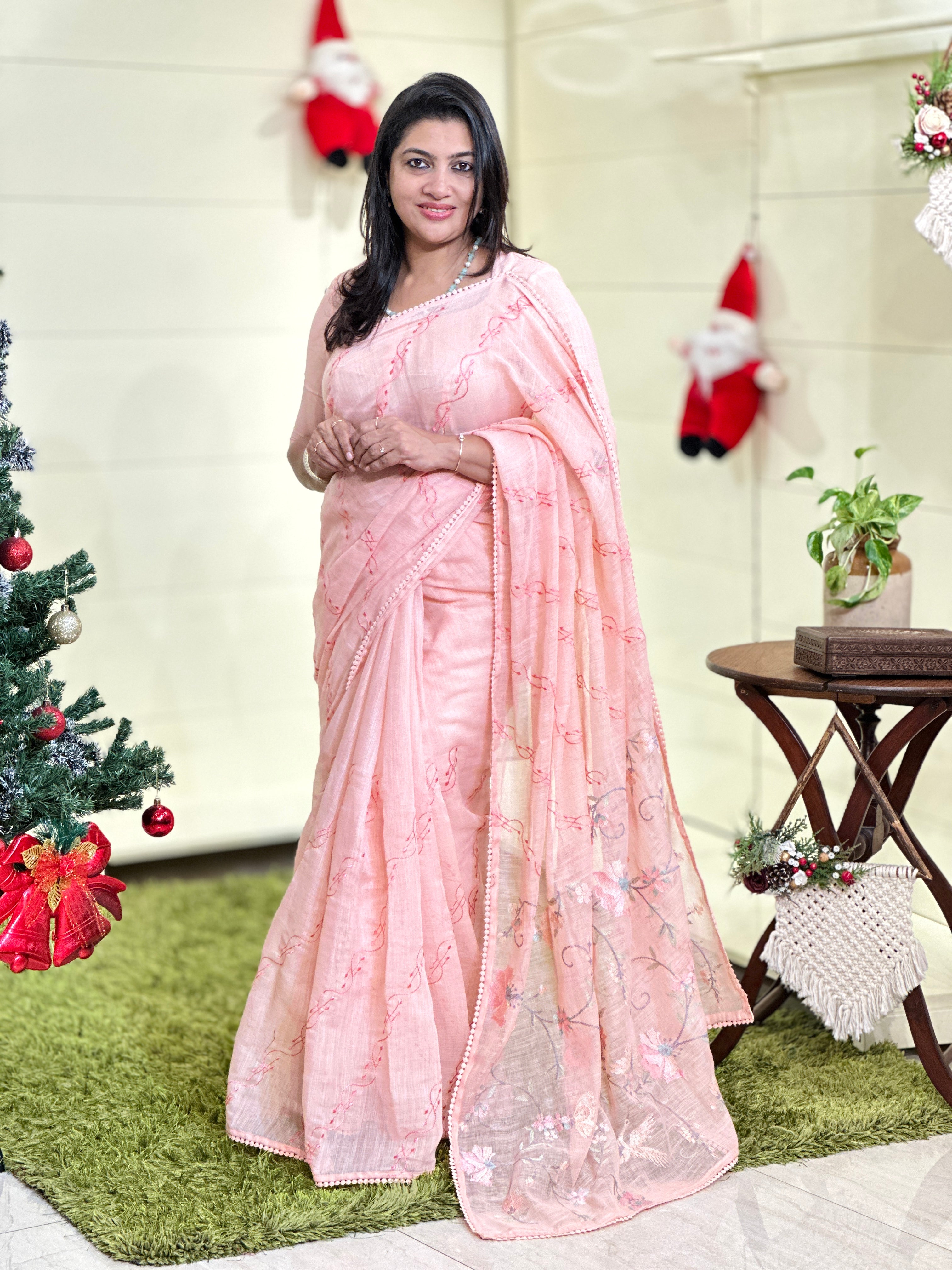 Floral Jaal Embroidery Detailed Bhagalpuri Linen Saree | BLD1503