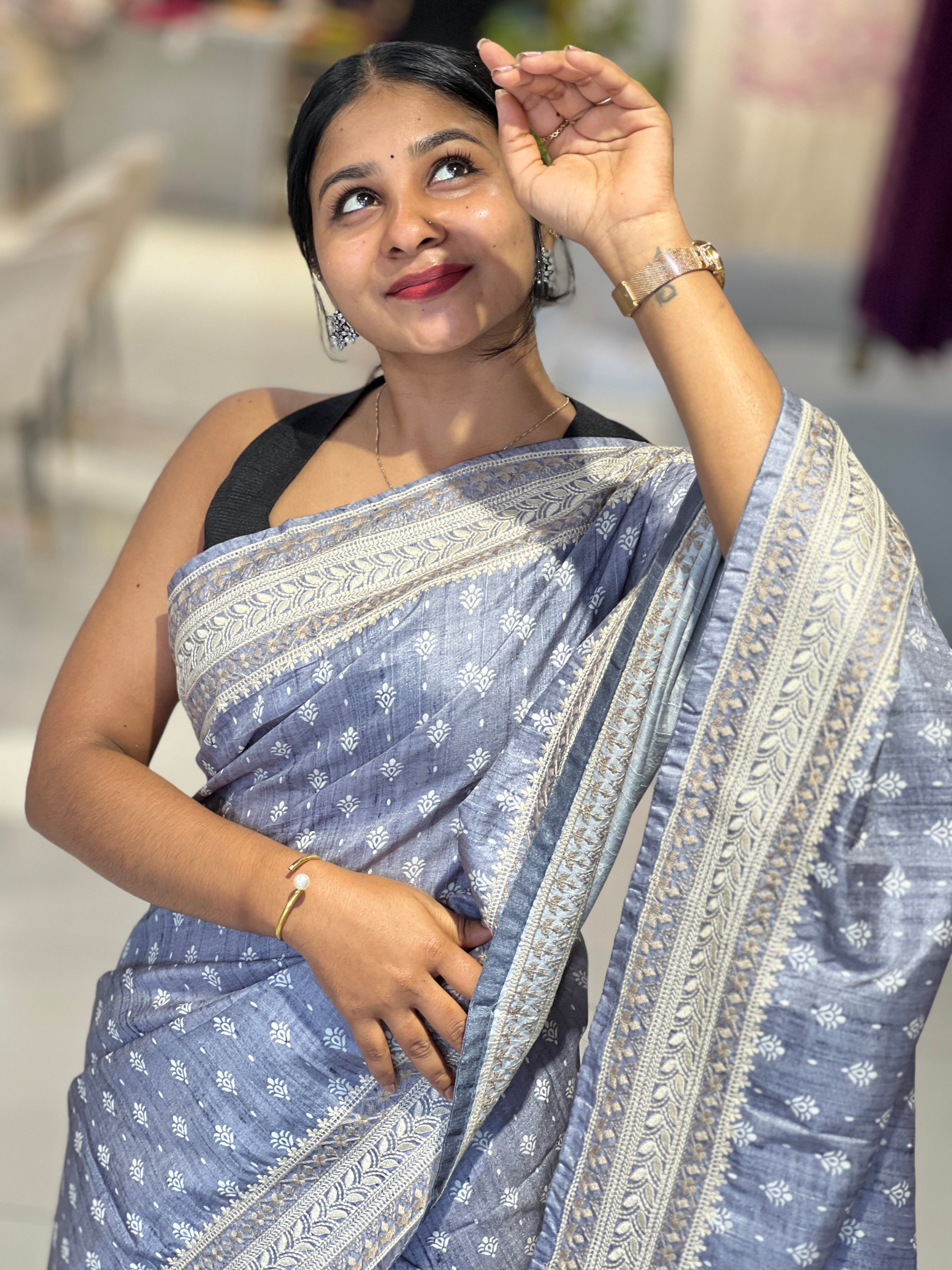 Print With Machine Embroidery Detailed Semi Tussar Saree | SVF157