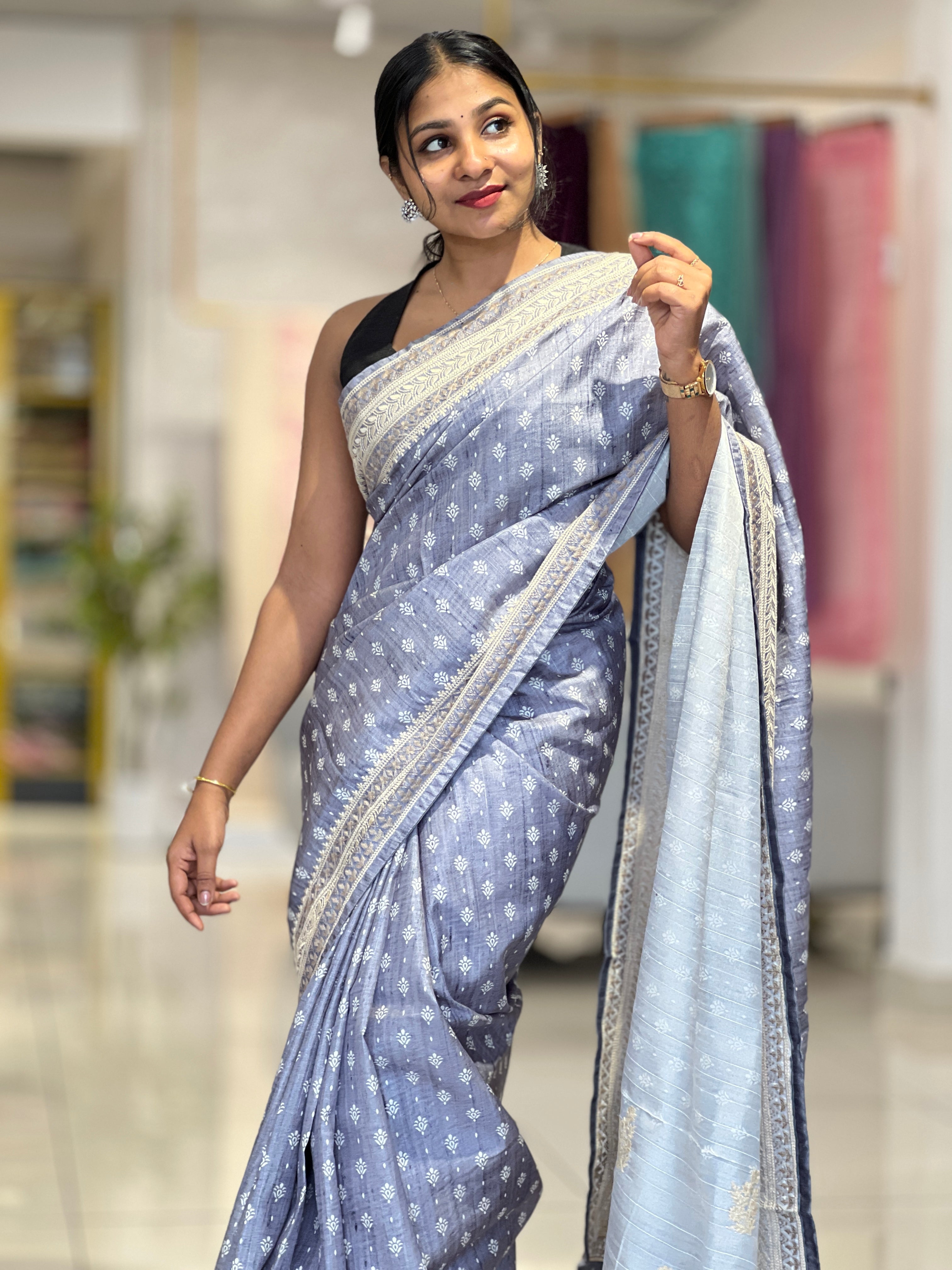 Print With Machine Embroidery Detailed Semi Tussar Saree | SVF157