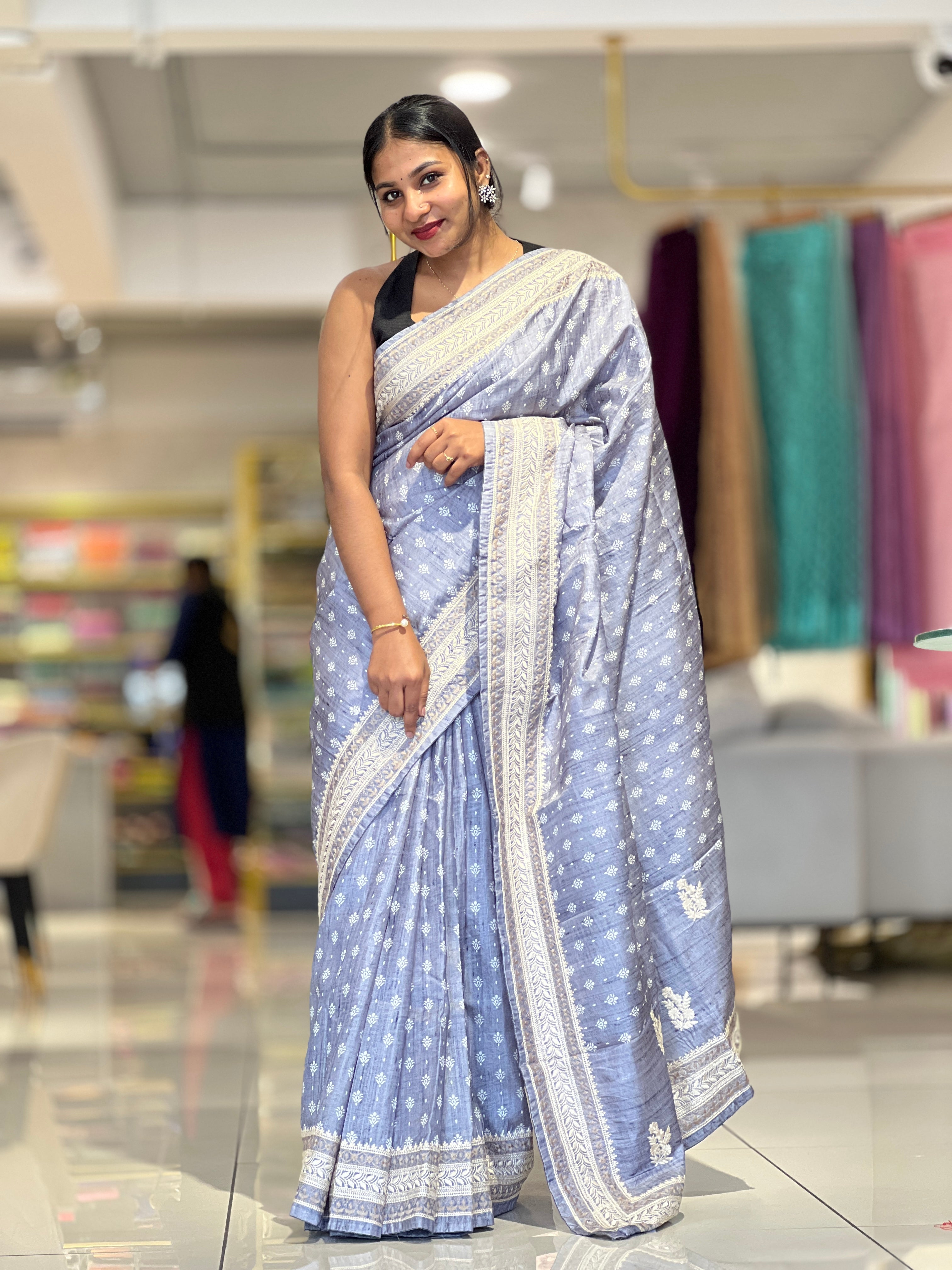 Print With Machine Embroidery Detailed Semi Tussar Saree | SVF157