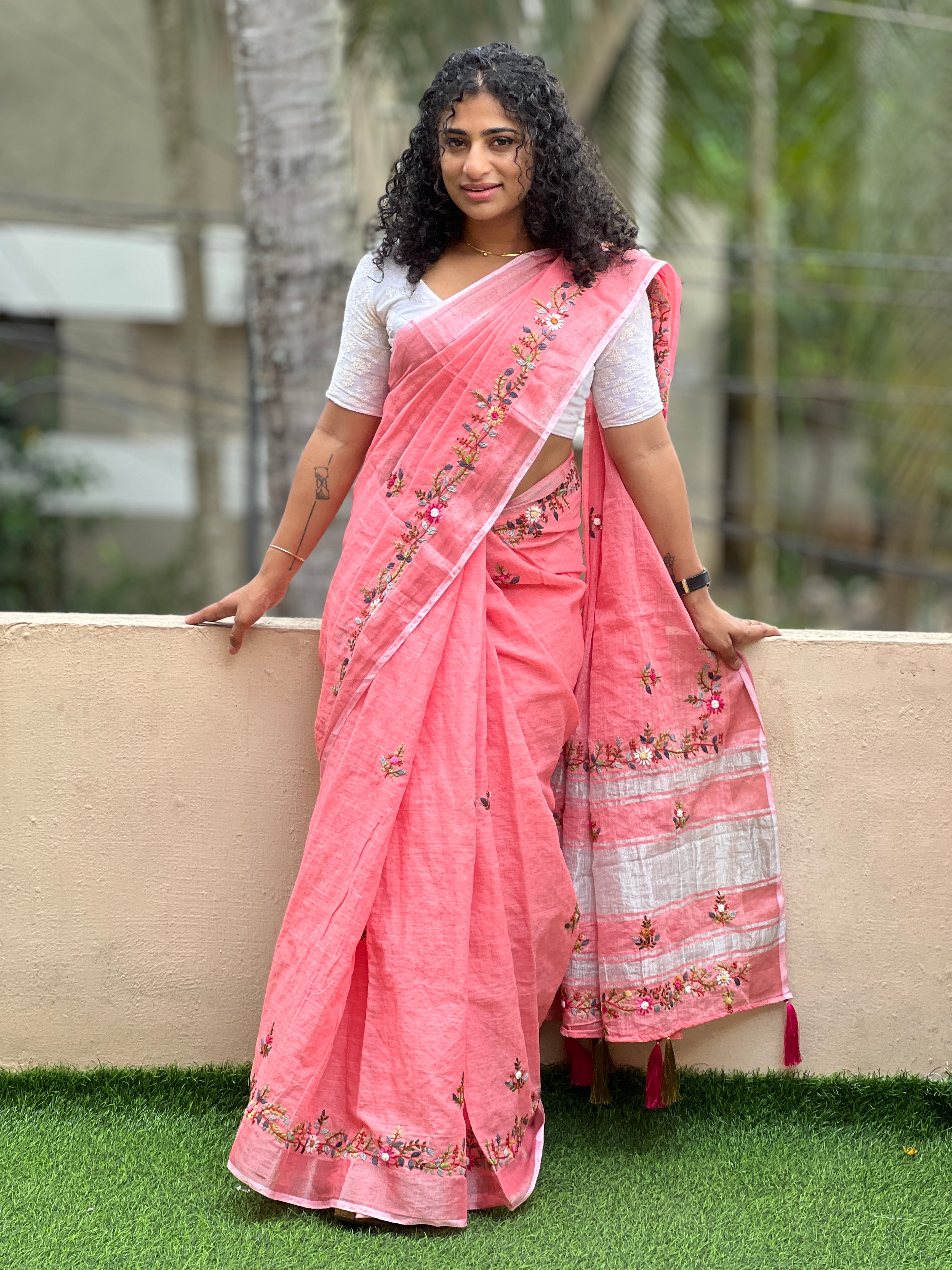 Floral Hand Embroidery Pattern Bhagalpuri Linen Saree | RP376