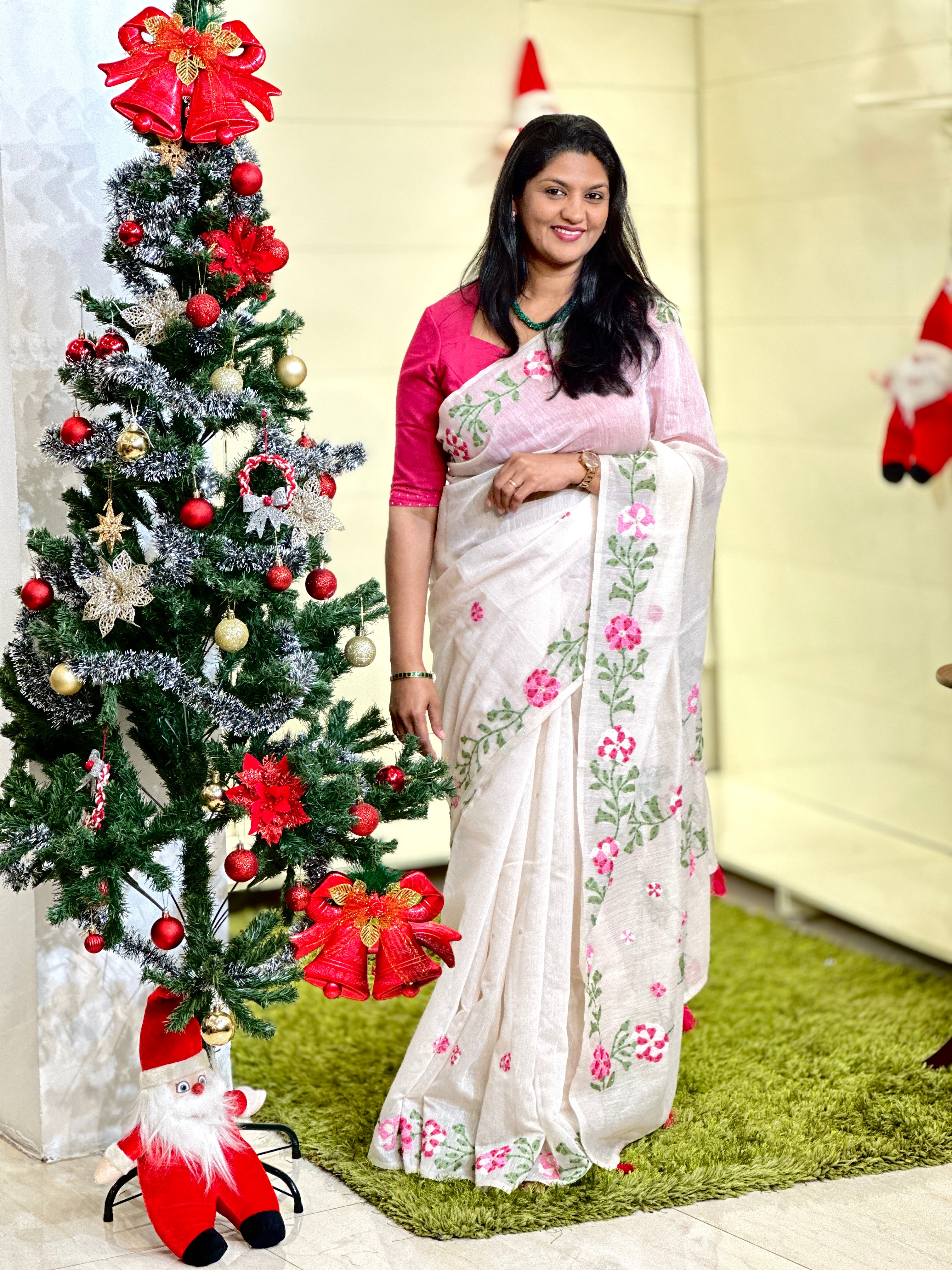 Jamdani Woven Floral Patterned Linen Saree | BLD1726