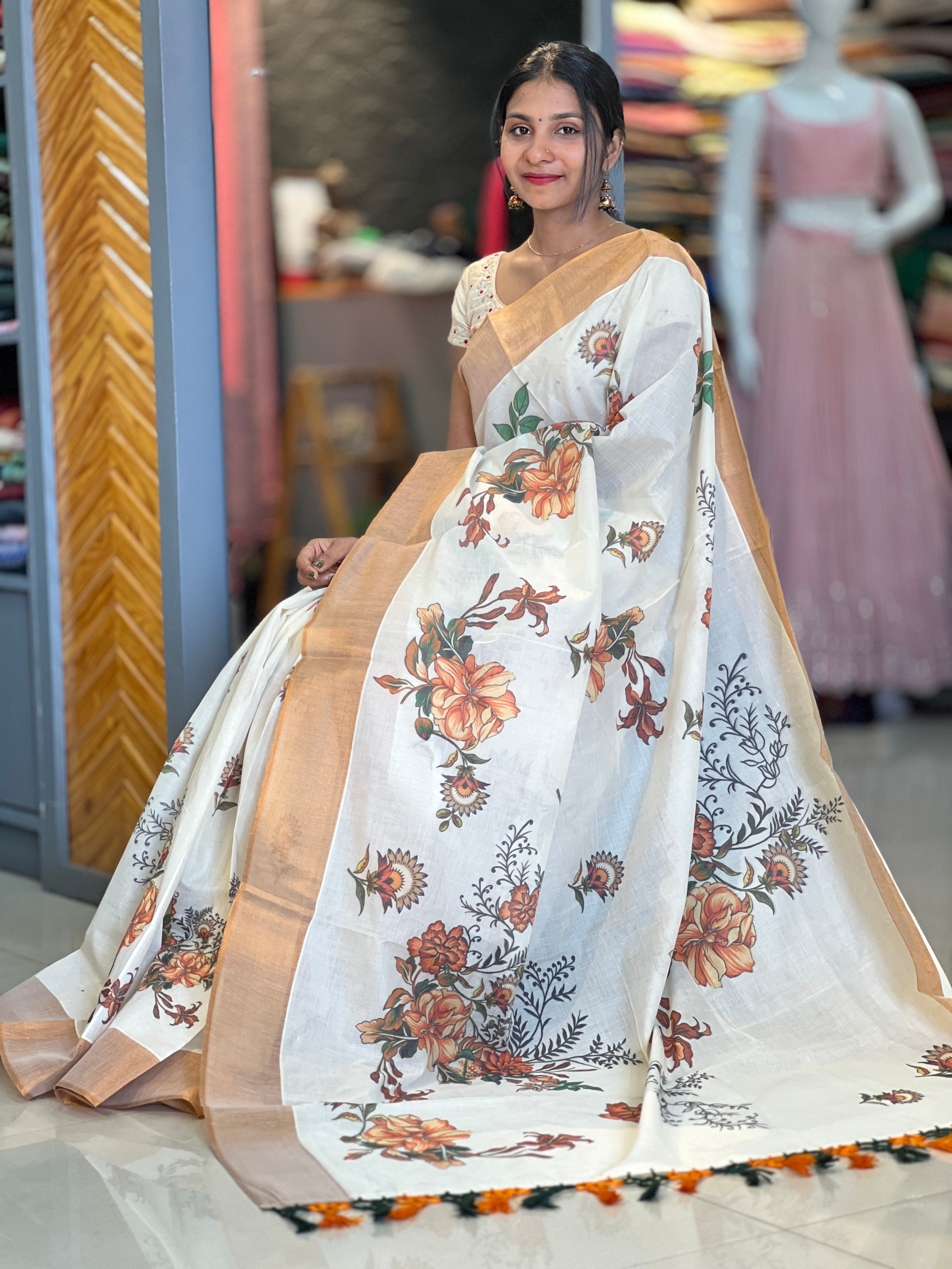 Floral Printed Design Kerala Cotton Saree GAT235 – Aham Designer