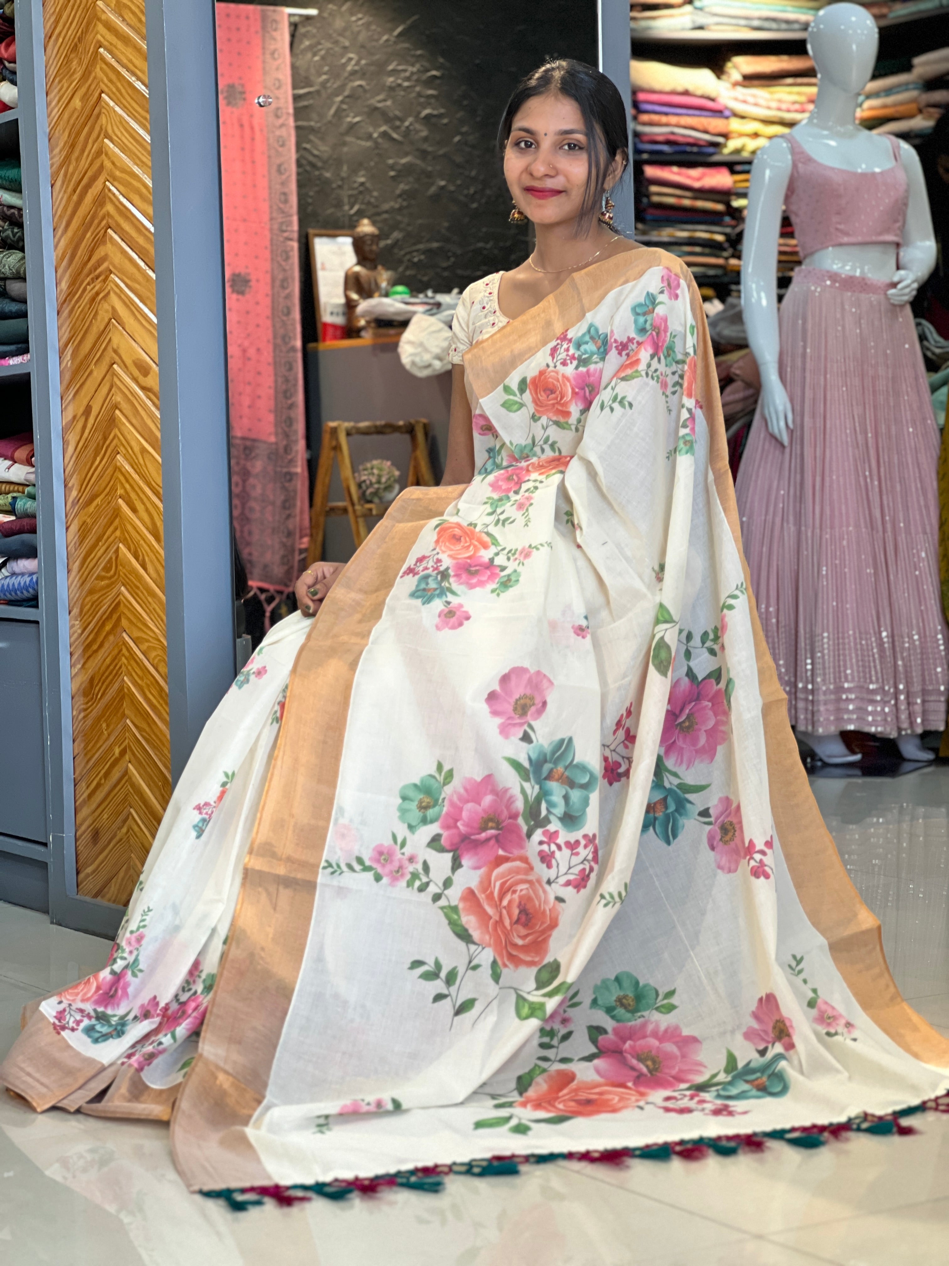 Floral Printed Design Kerala Cotton Saree GAT236 – Aham Designer