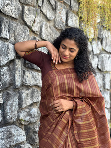 Stripe Weaved Bhagalpuri Linen Saree | SK302