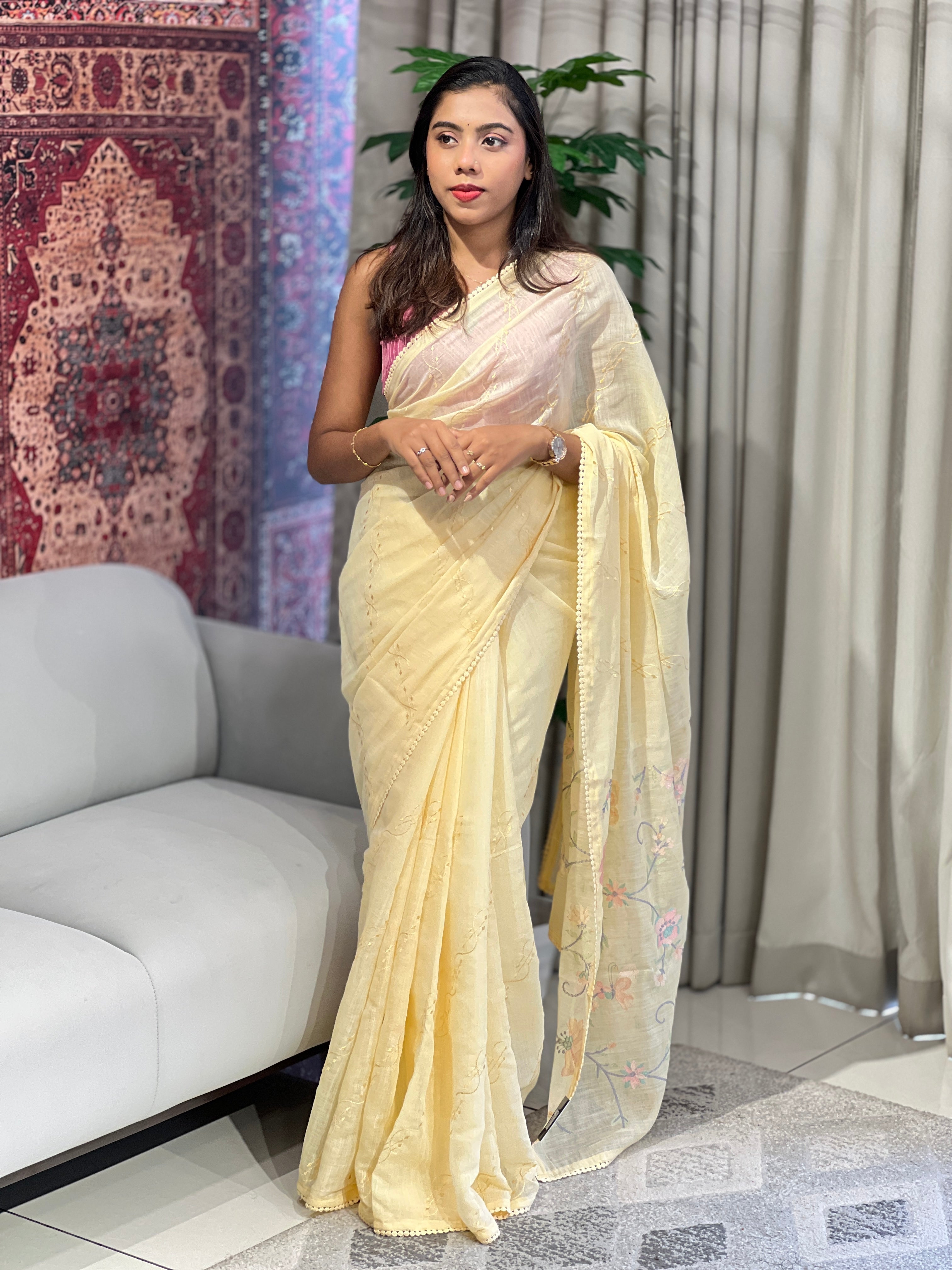 Machine Embroidery Detailed Linen Cotton Saree | BLD1501