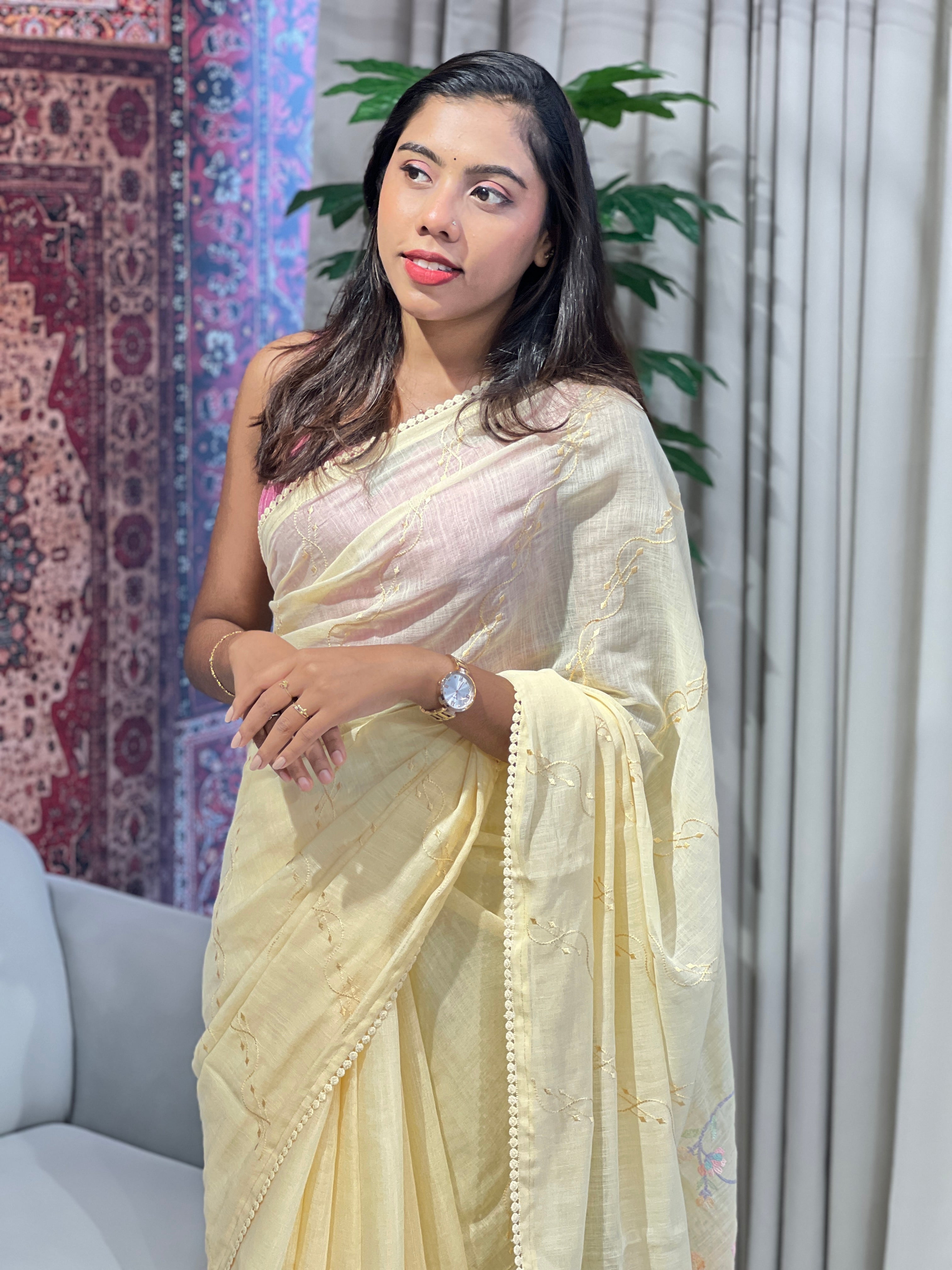 Machine Embroidery Detailed Linen Cotton Saree | BLD1501